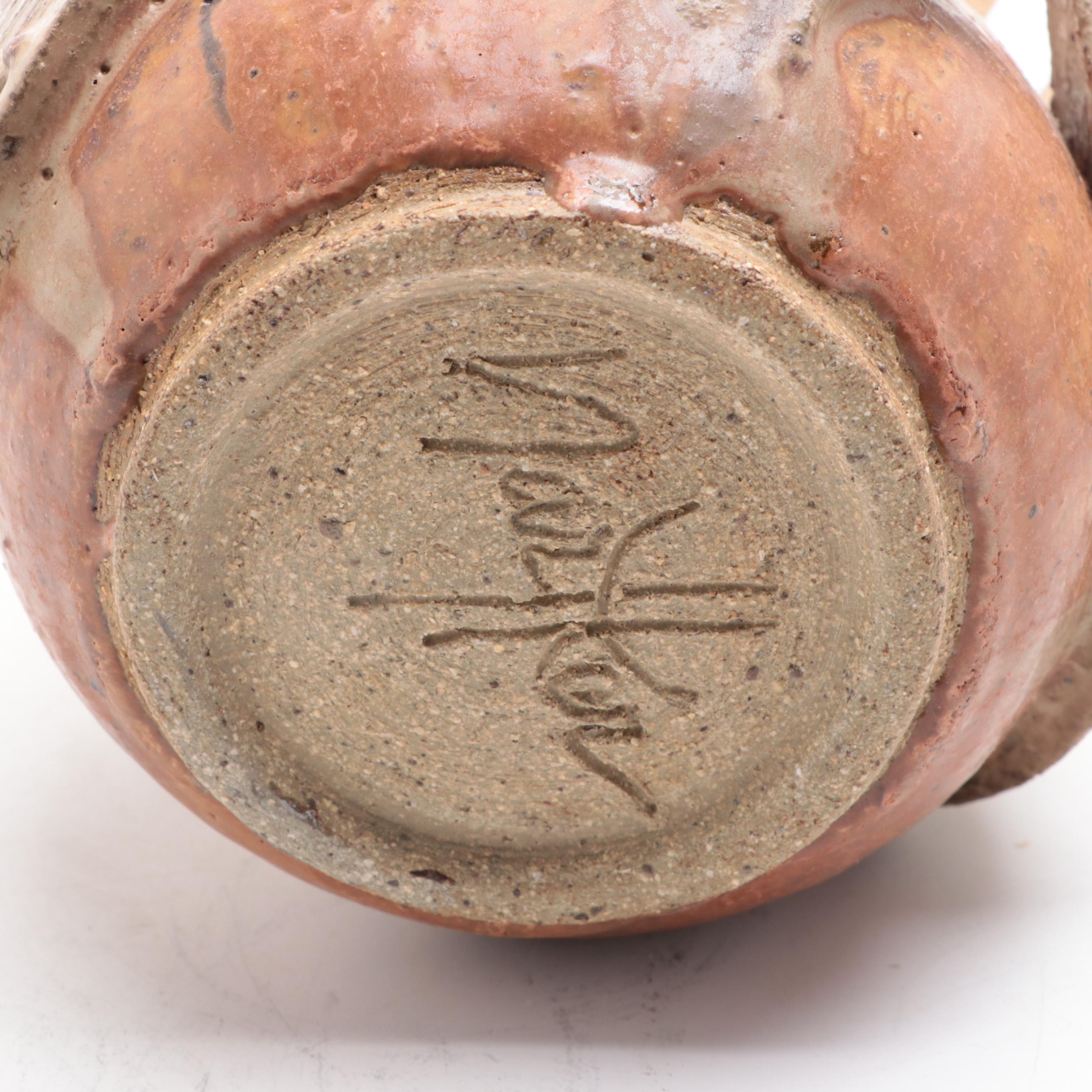 John M. Nartker and Other Art Pottery Stoneware Owl Vase and Chime