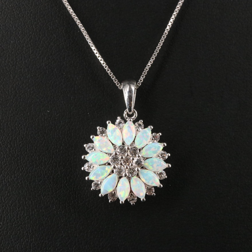 Sterling Silver Opal and Sapphire Flower Necklace