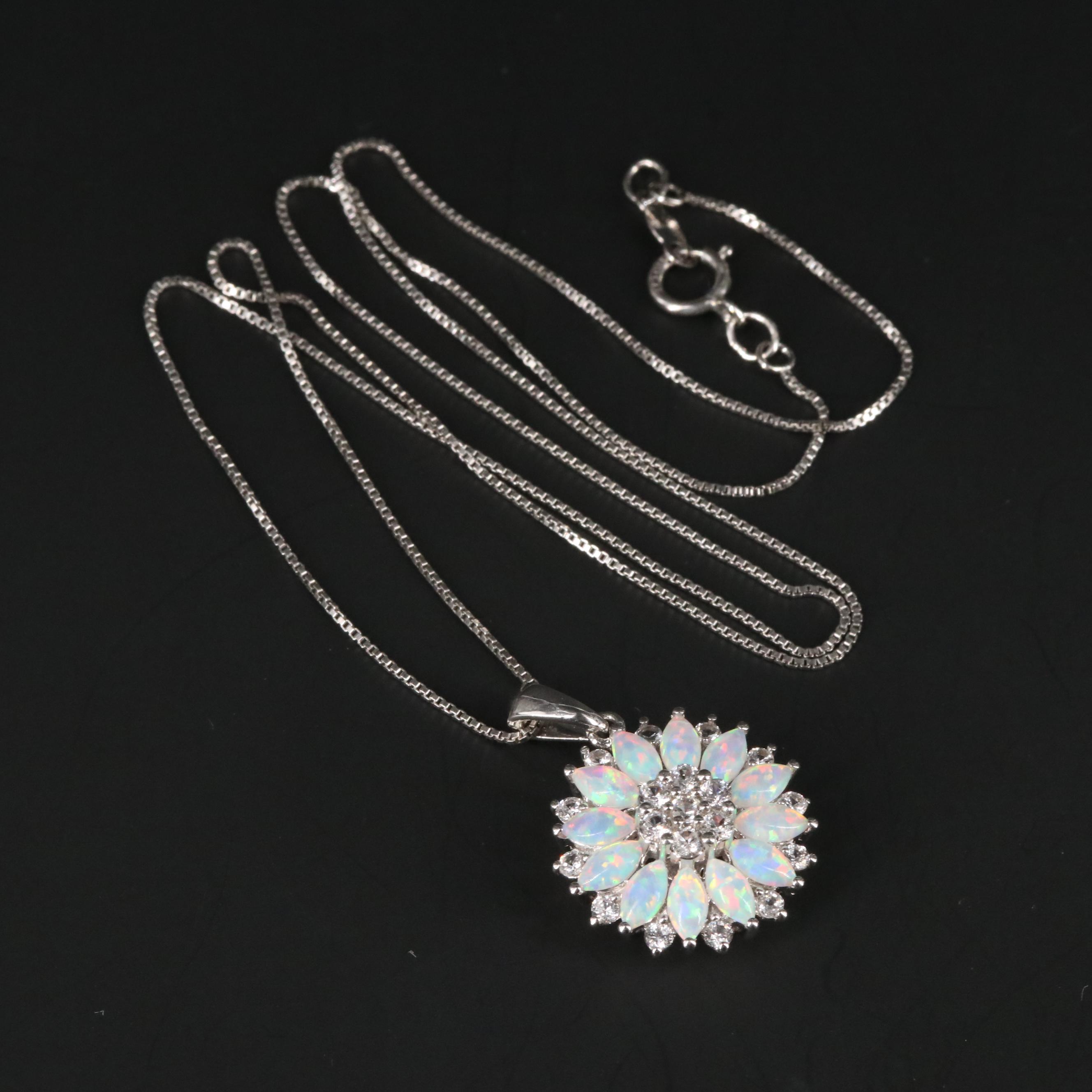 Sterling Silver Opal and Sapphire Flower Necklace