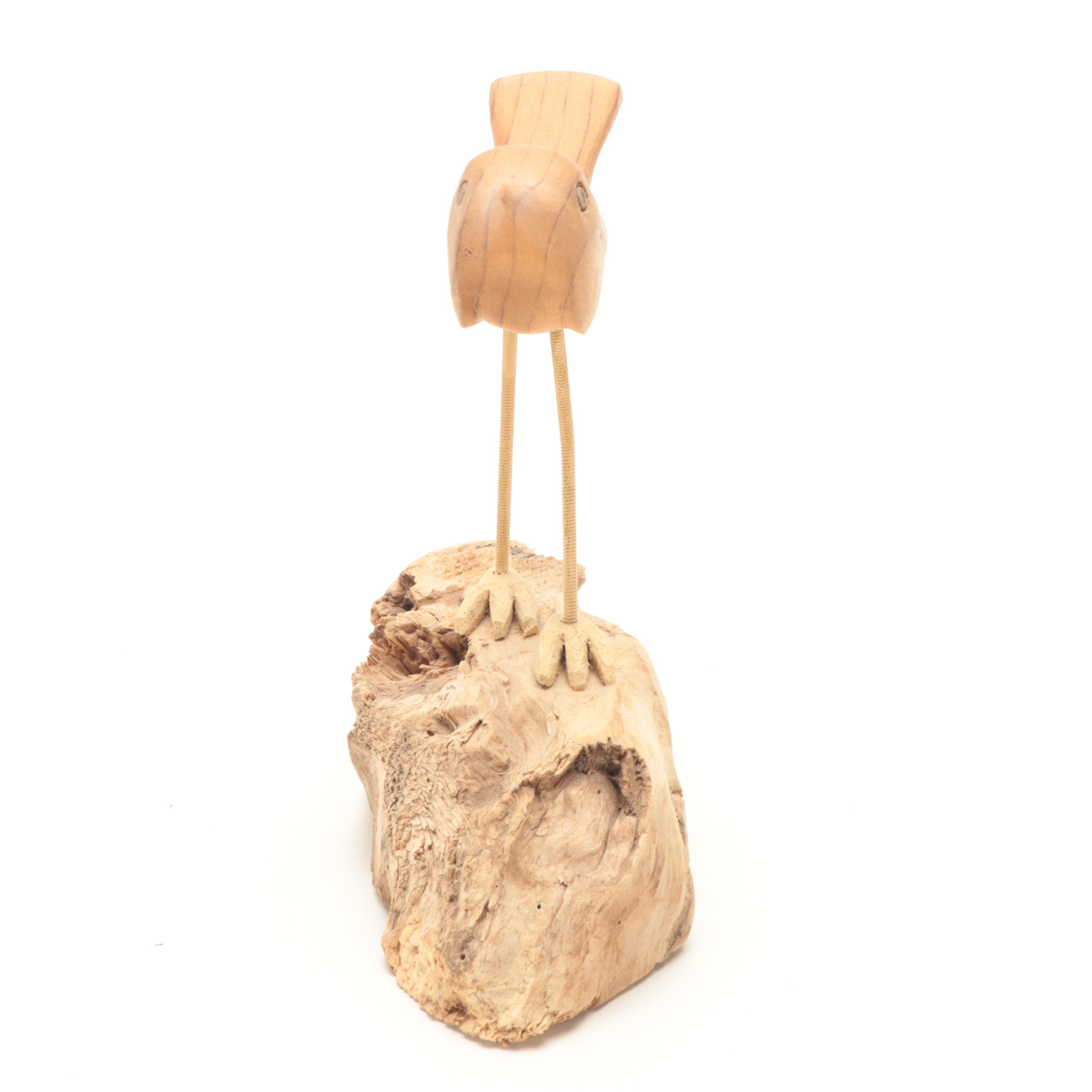 M. Bourcier Signed Carved Wood Shore Bird on Driftwood, Mid to Late 20th C.