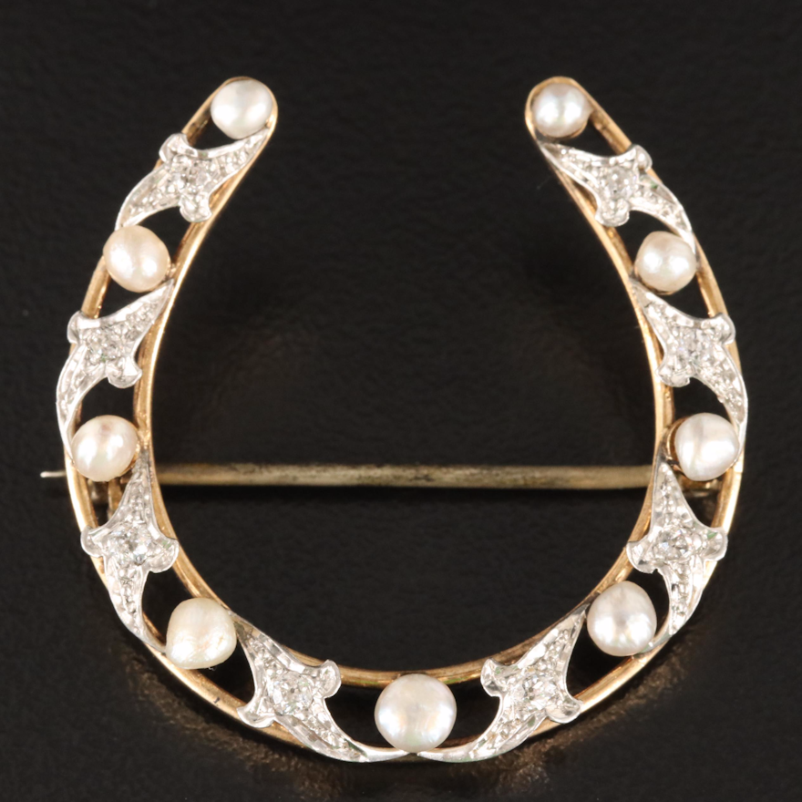 Victorian 14K Pearl and Diamond Brooch with Platinum Accents