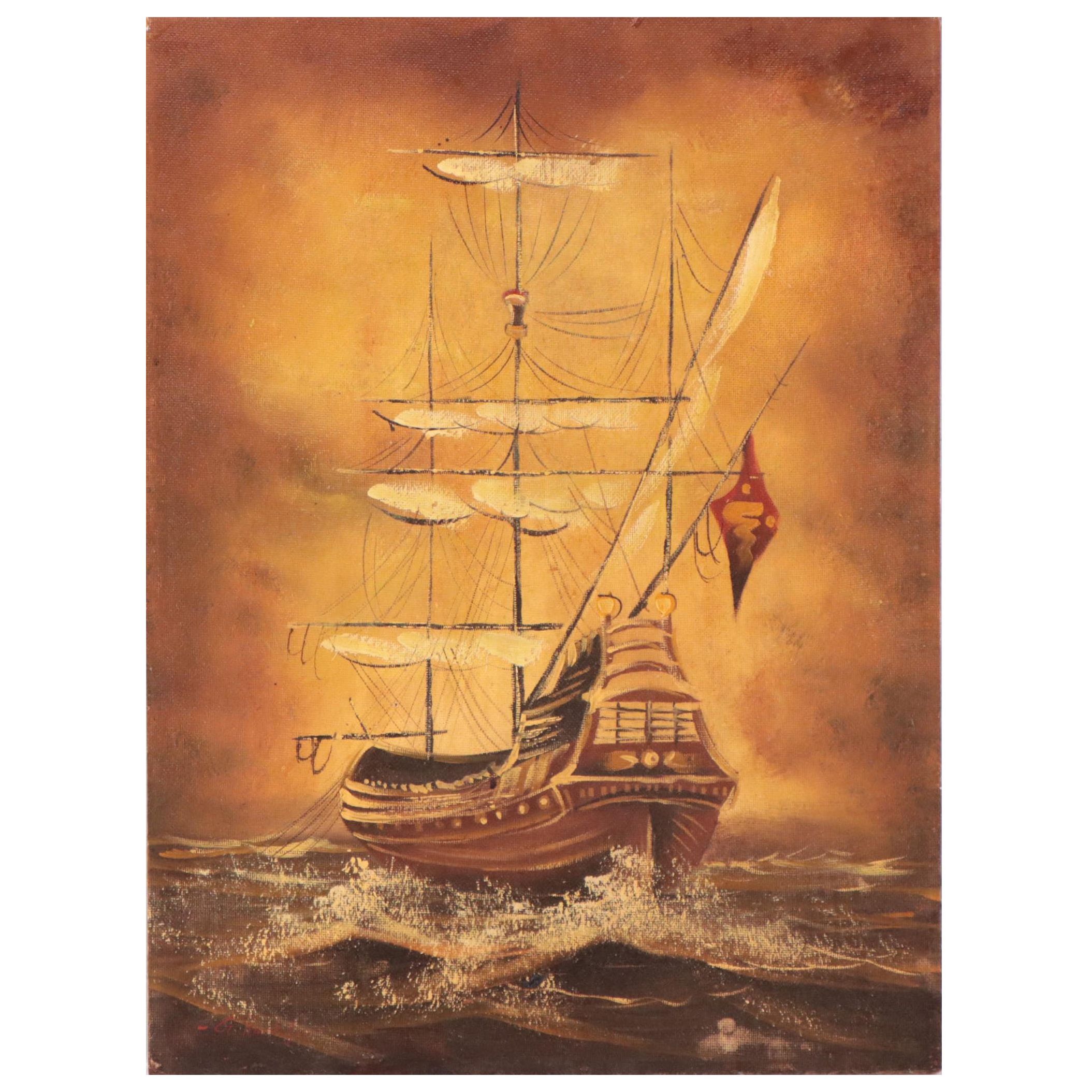 Oil Painting of Ship on Ocean