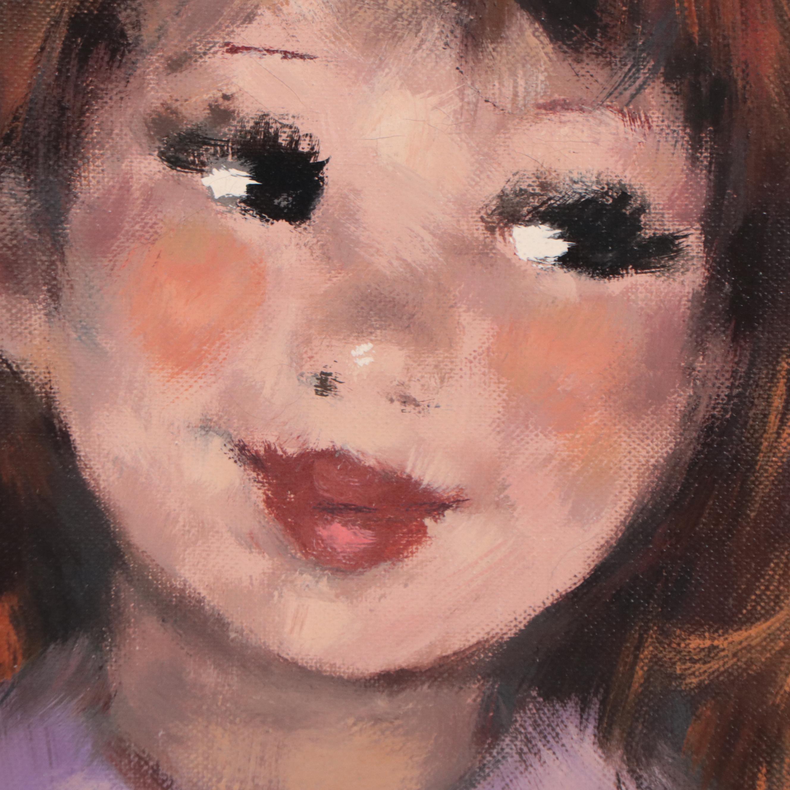 Bendini Portrait Oil Painting of Young Girl, Late 20th Century