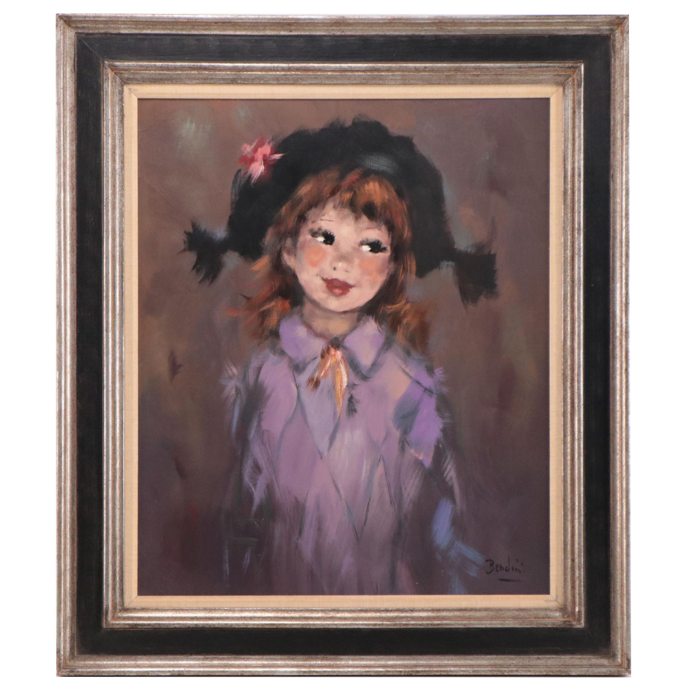 Bendini Portrait Oil Painting of Young Girl, Late 20th Century
