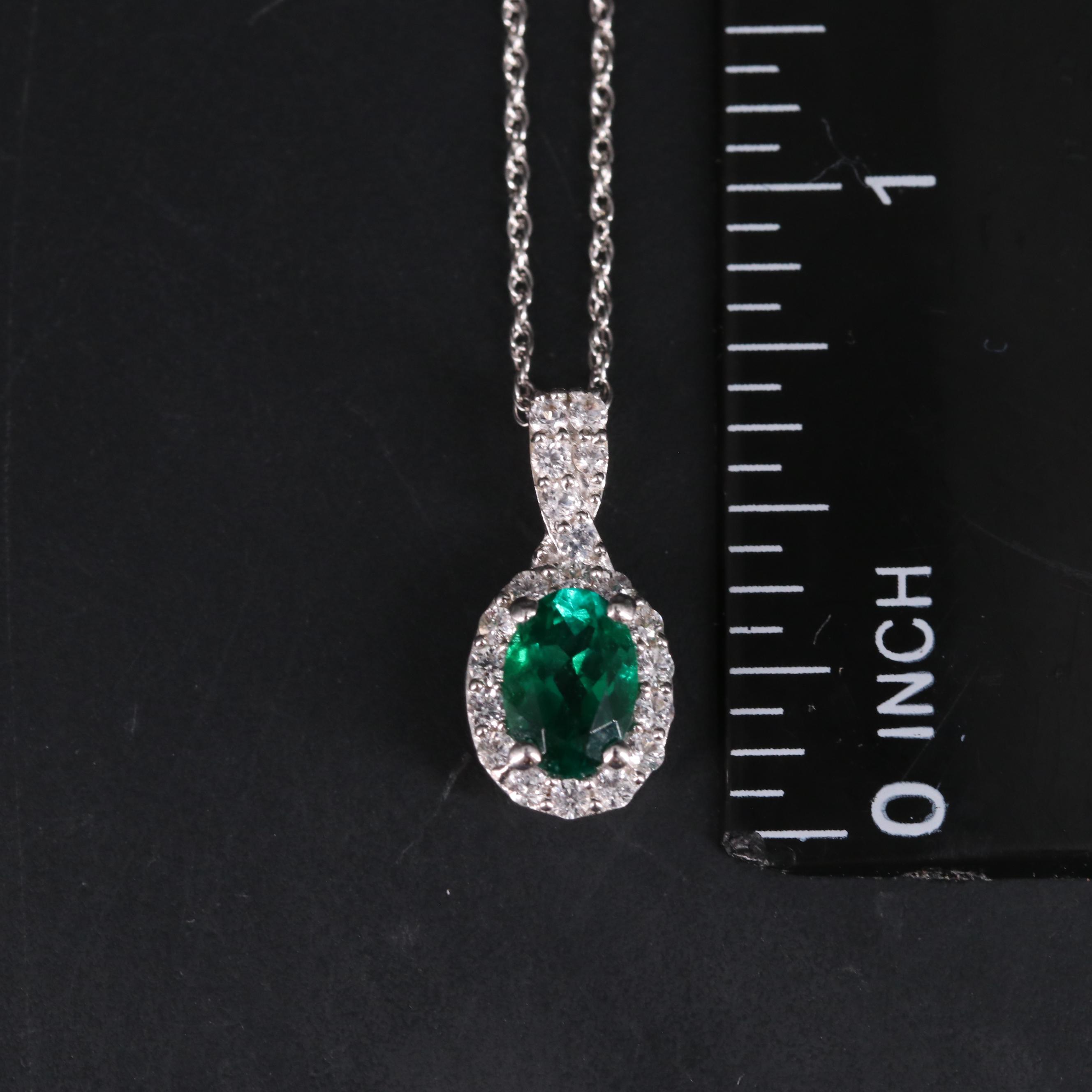 Sterling Silver Emerald and White Topaz Pendant Necklace