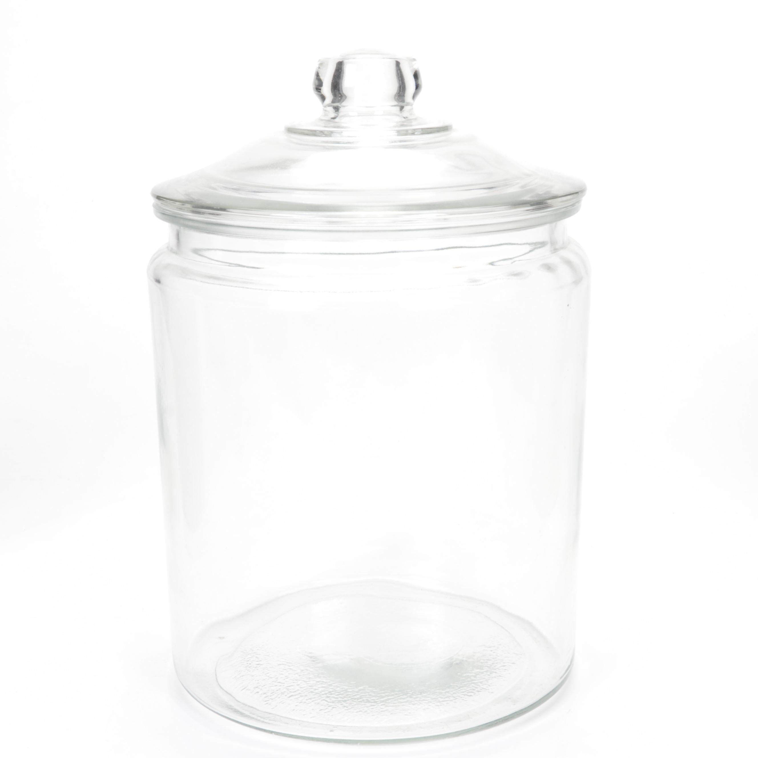 General Store Clear Glass Cookie Jar and Two Stoneware Crocks