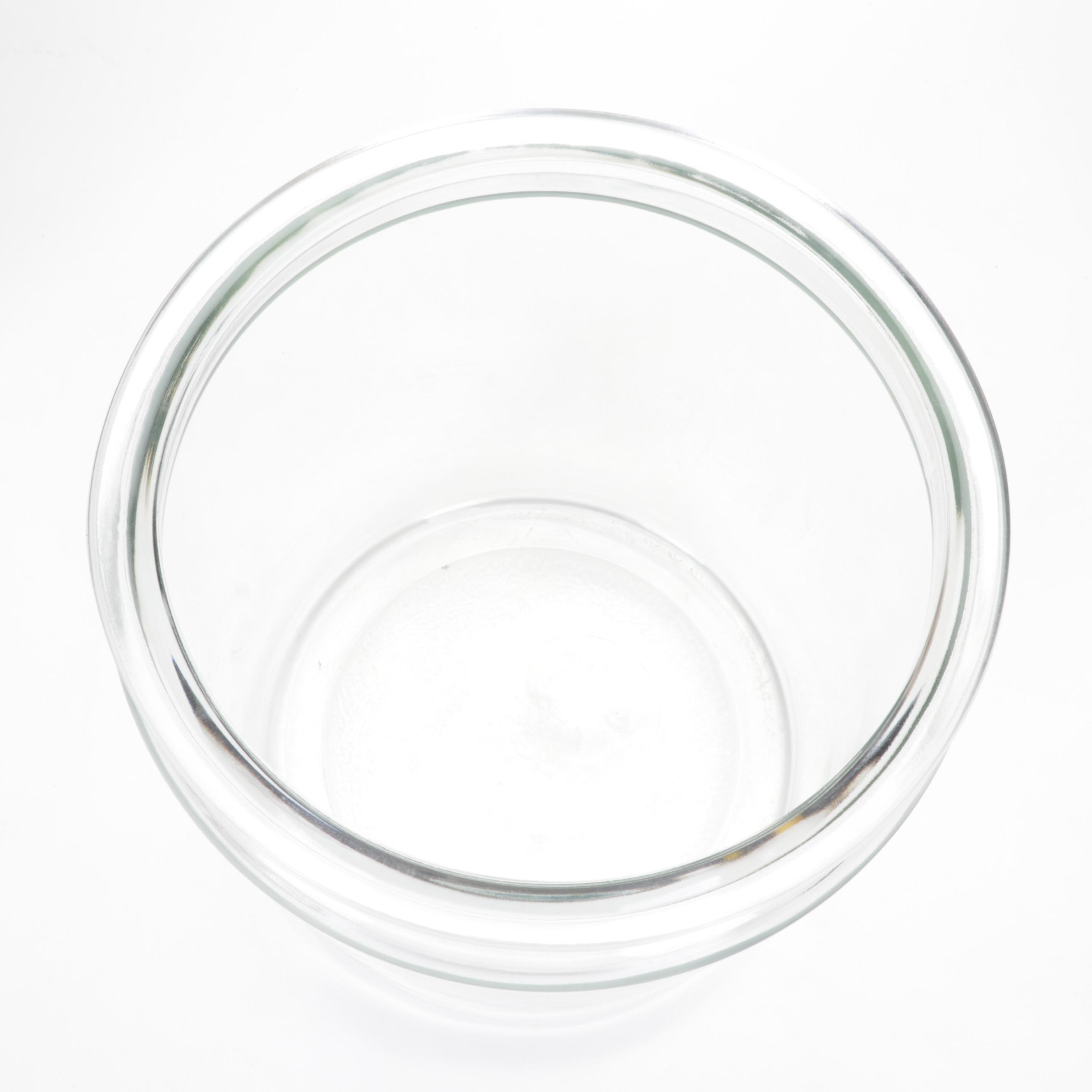 General Store Clear Glass Cookie Jar and Two Stoneware Crocks