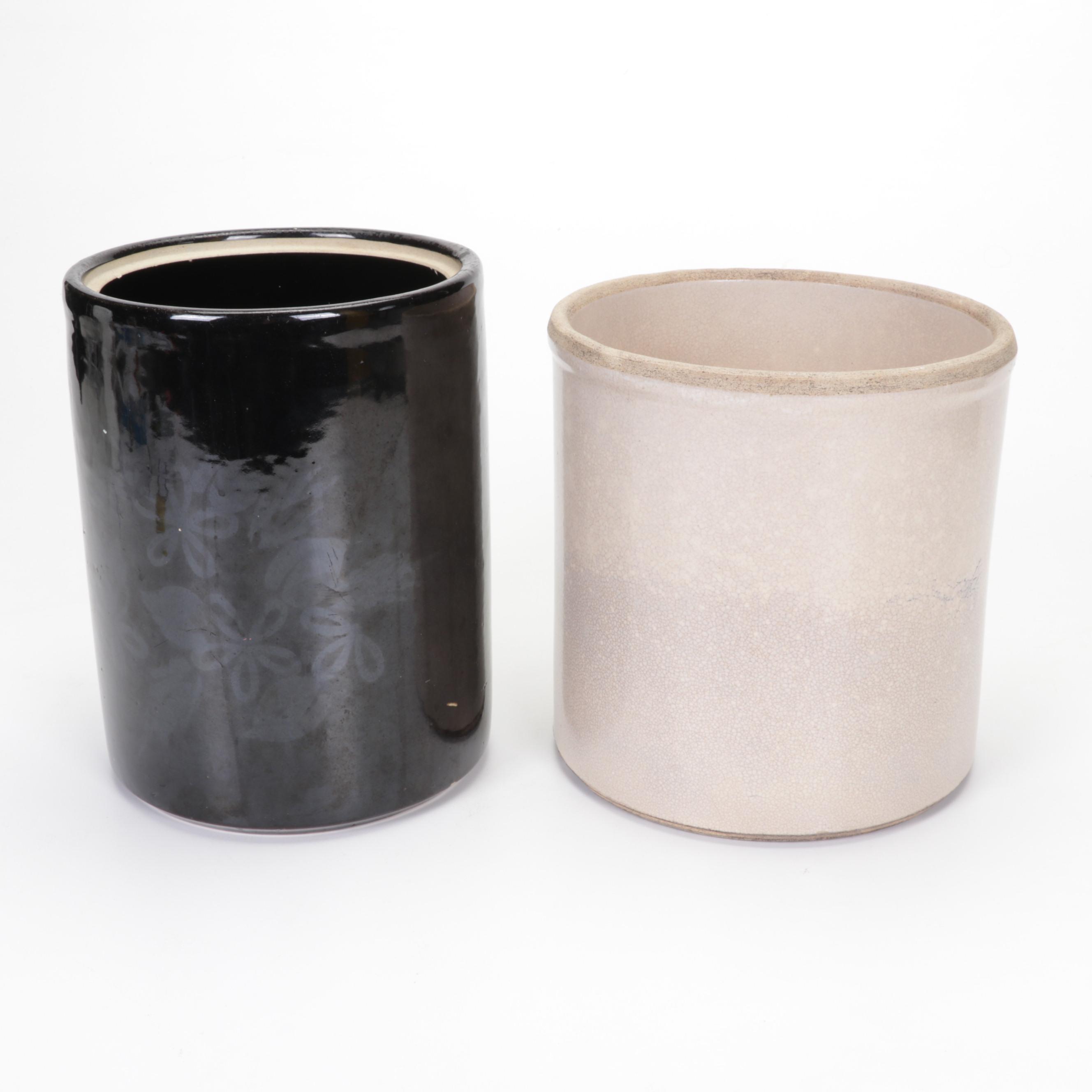 General Store Clear Glass Cookie Jar and Two Stoneware Crocks