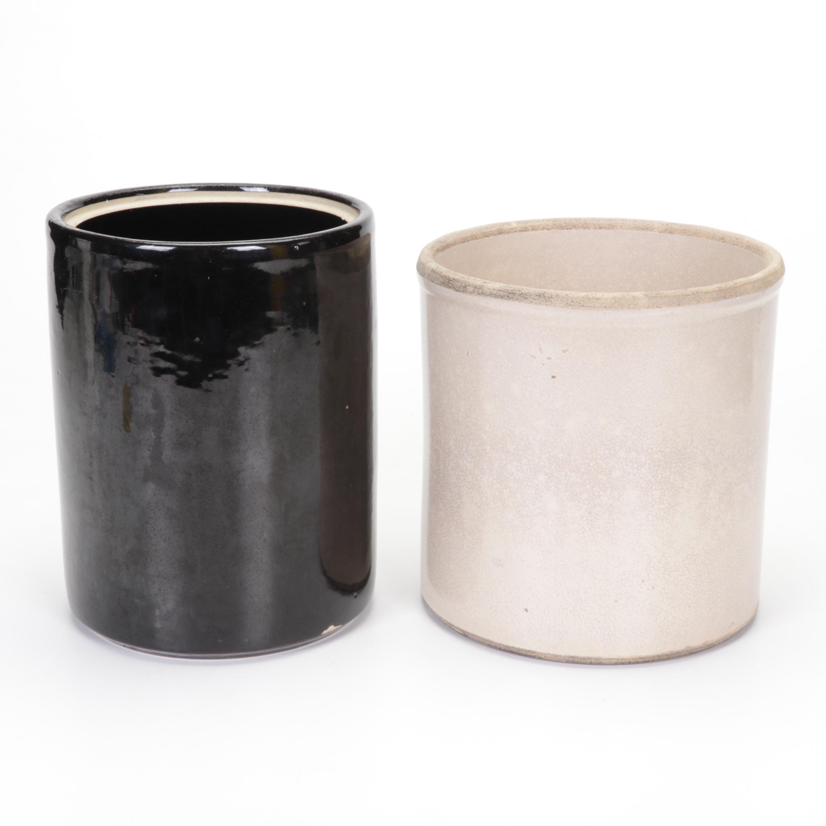 General Store Clear Glass Cookie Jar and Two Stoneware Crocks