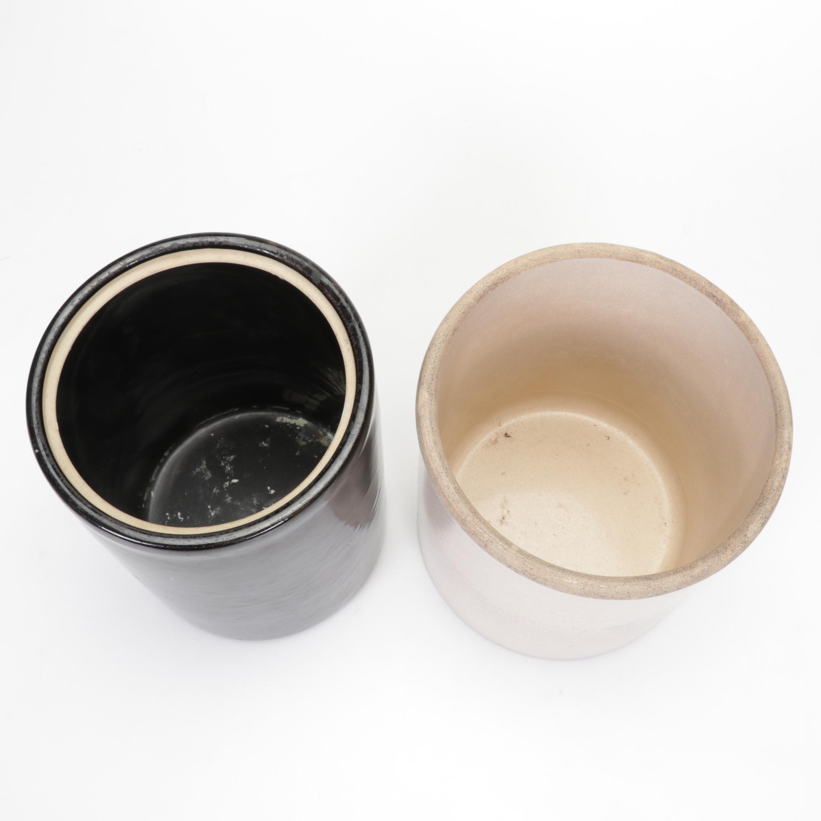 General Store Clear Glass Cookie Jar and Two Stoneware Crocks