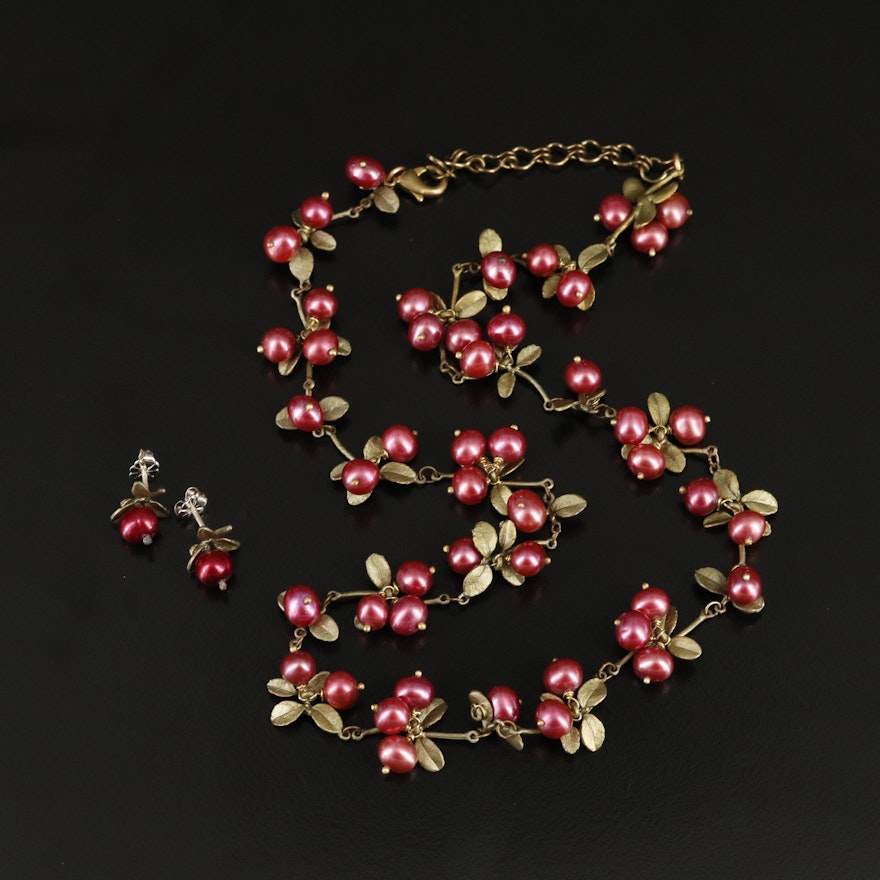 Michael Michaud "Cranberry" Pearl Necklace and Earring Set