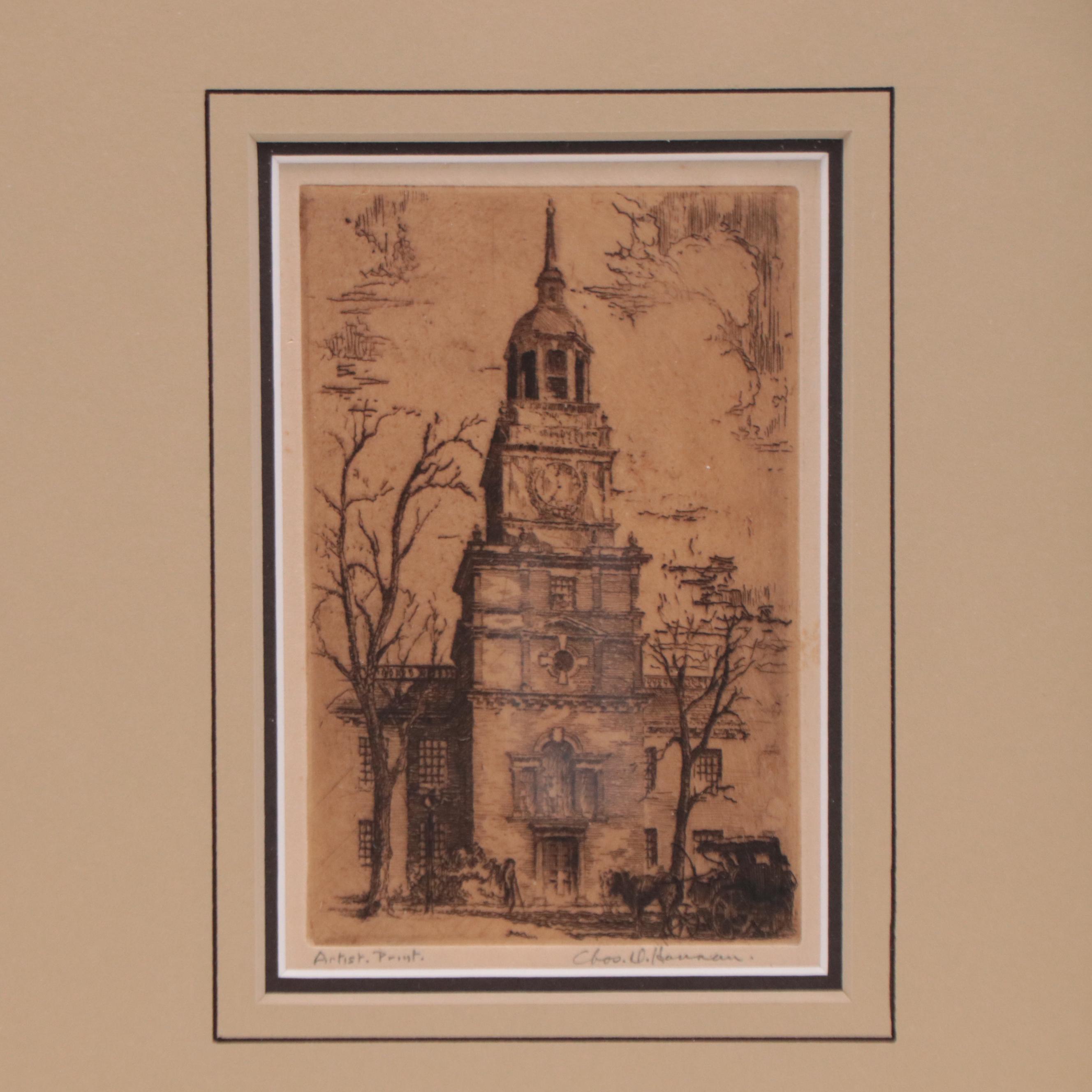 Charles D. Hannan Etching of Cathedral, Mid-20th Century