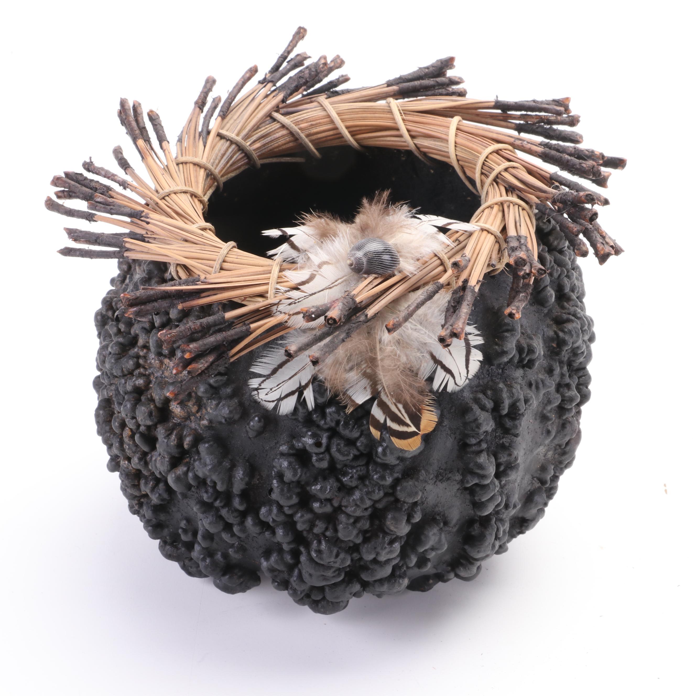 Kathleen Arndts Crafted Cucurbit Gourd Vase With Shell, Pine Needles, Feathers