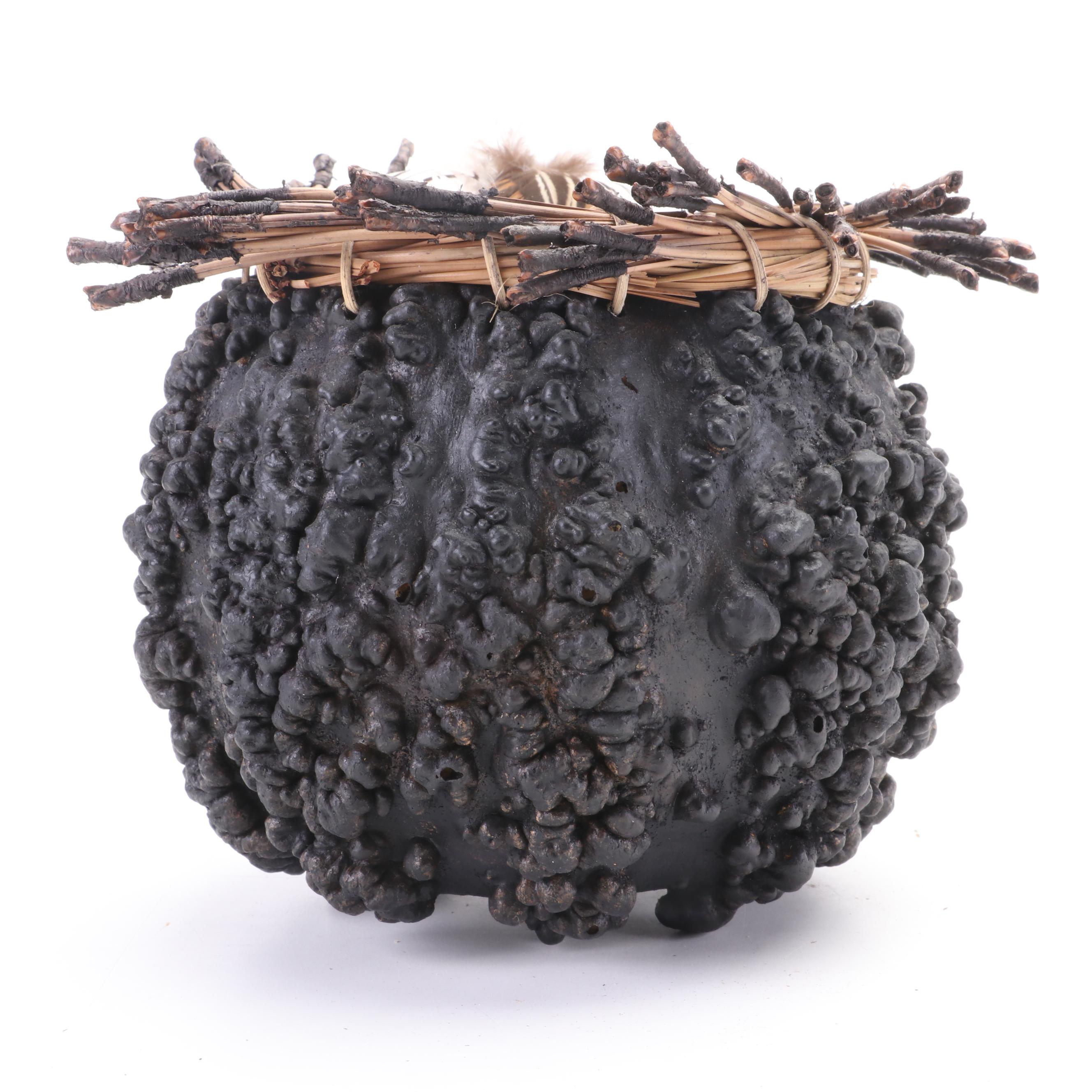 Kathleen Arndts Crafted Cucurbit Gourd Vase With Shell, Pine Needles, Feathers