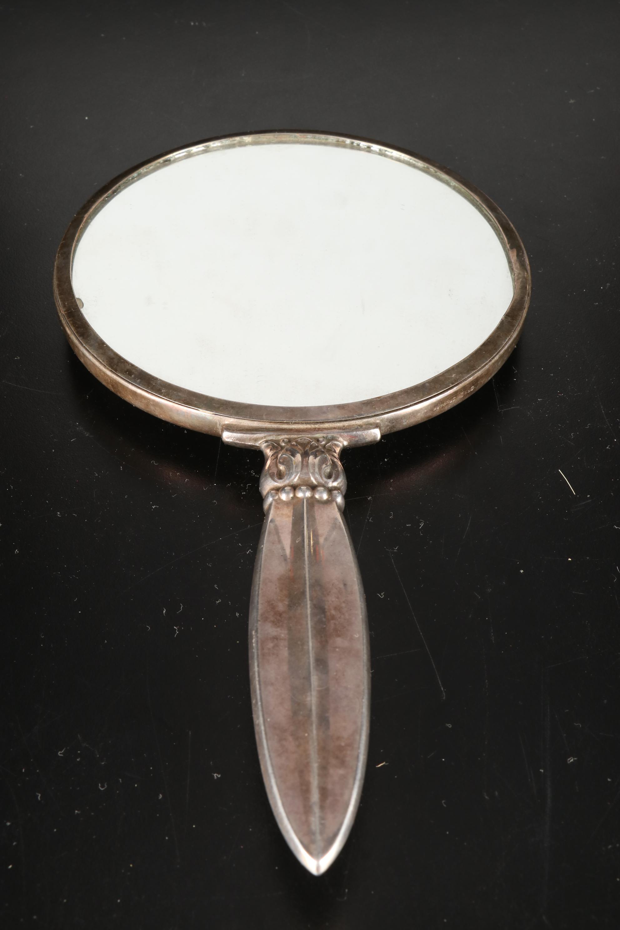Silver Plate JThS Hand Mirror, Vanity Brush, Silver Chain Link Purse, & More
