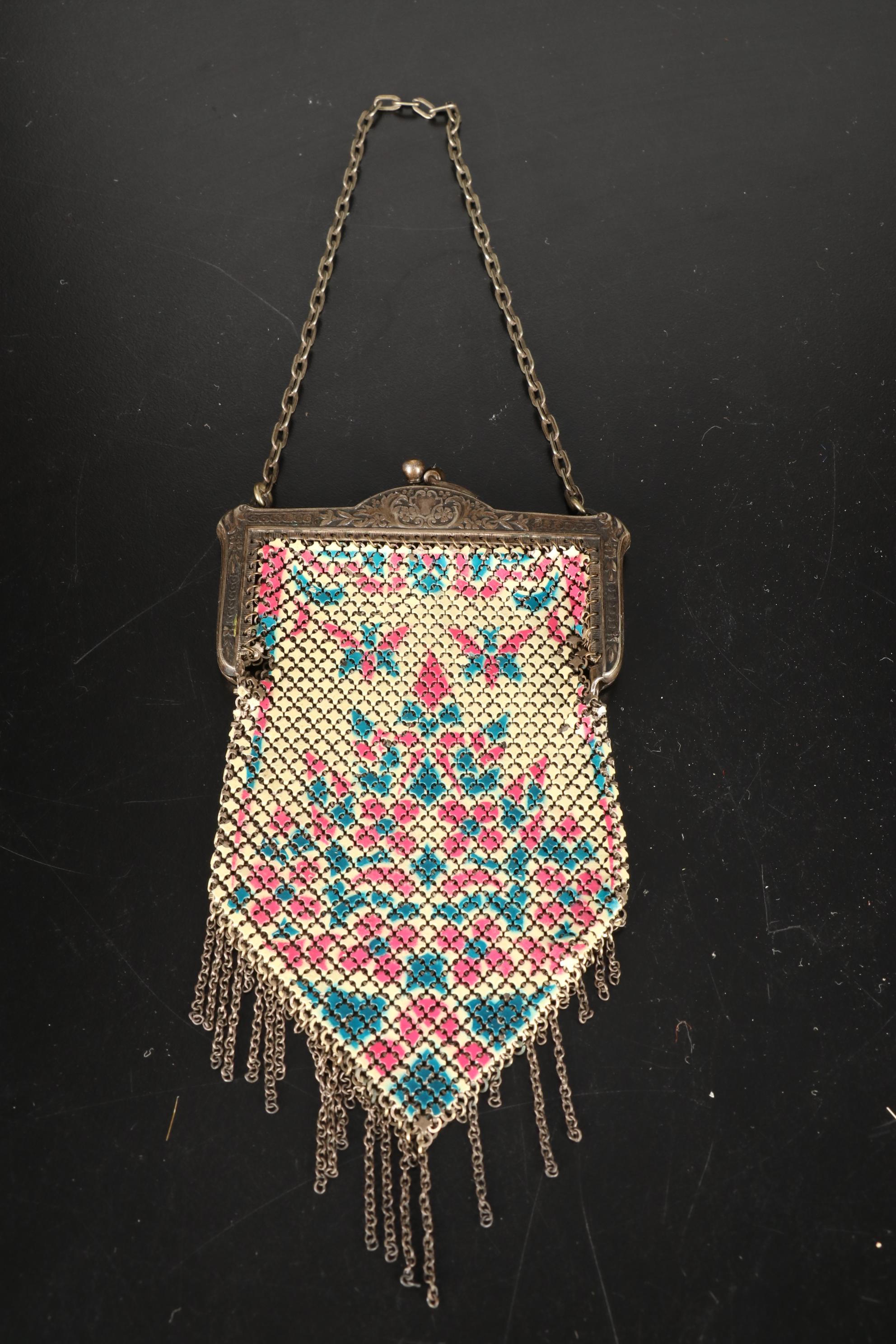 Silver Plate JThS Hand Mirror, Vanity Brush, Silver Chain Link Purse, & More