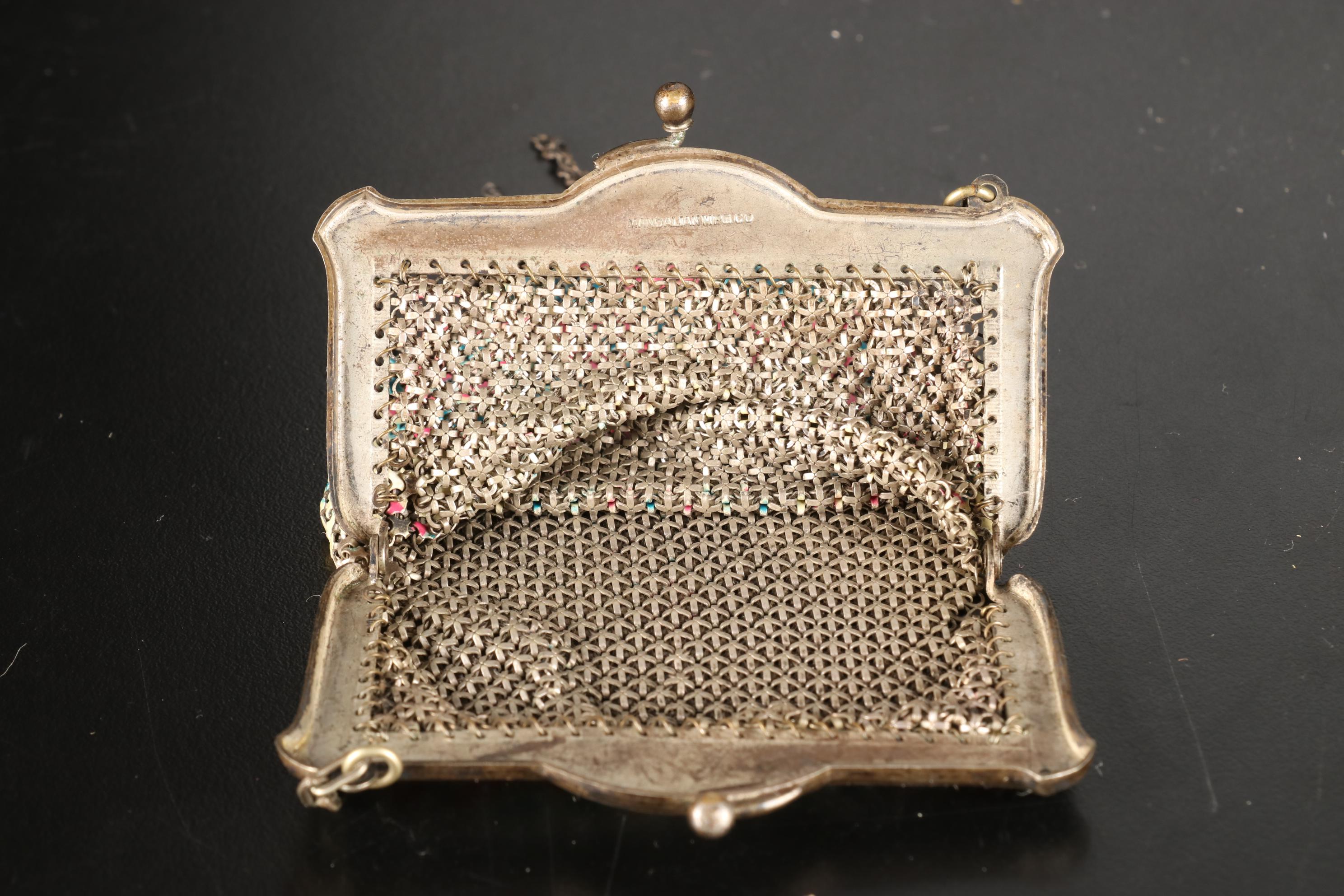 Silver Plate JThS Hand Mirror, Vanity Brush, Silver Chain Link Purse, & More