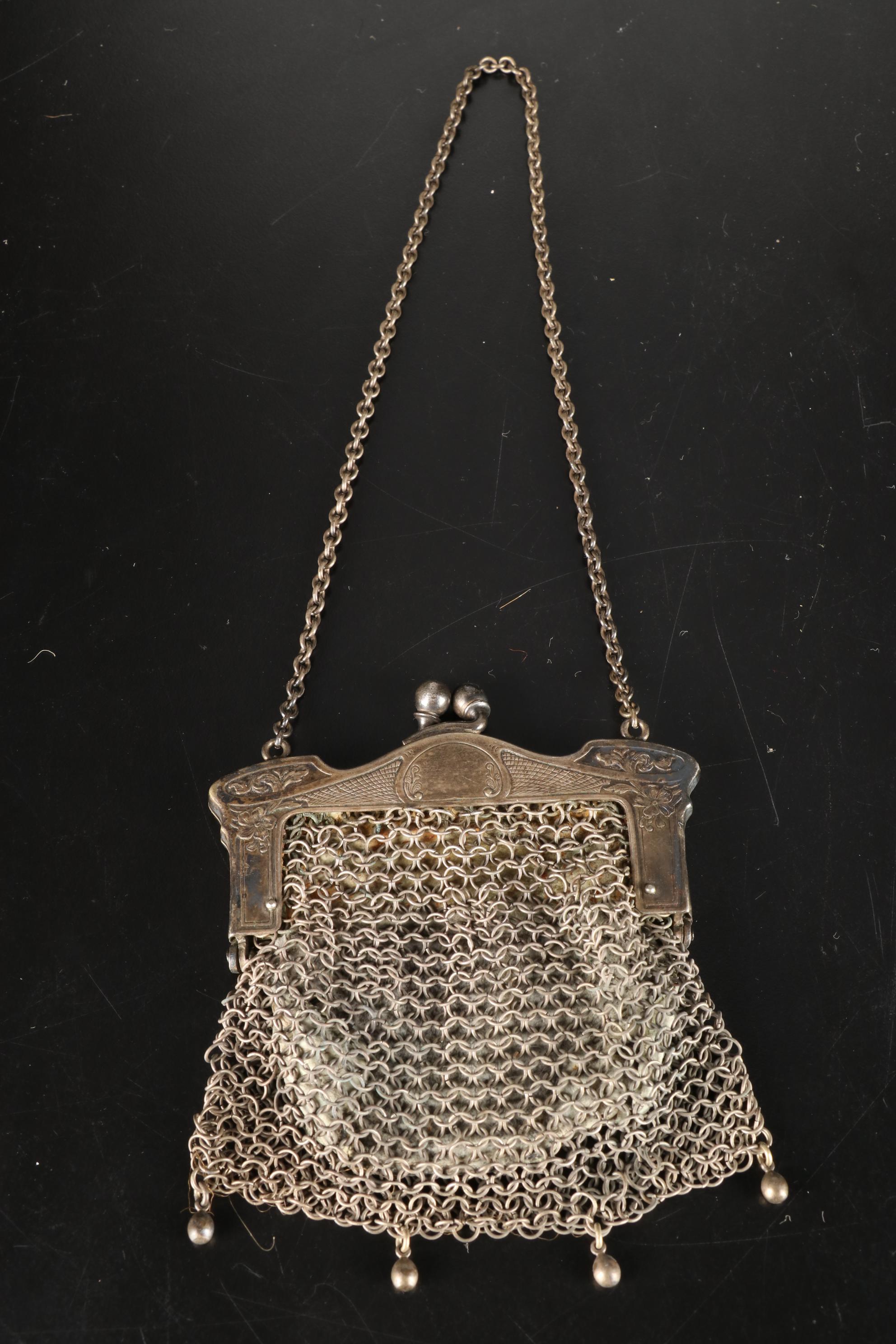 Silver Plate JThS Hand Mirror, Vanity Brush, Silver Chain Link Purse, & More