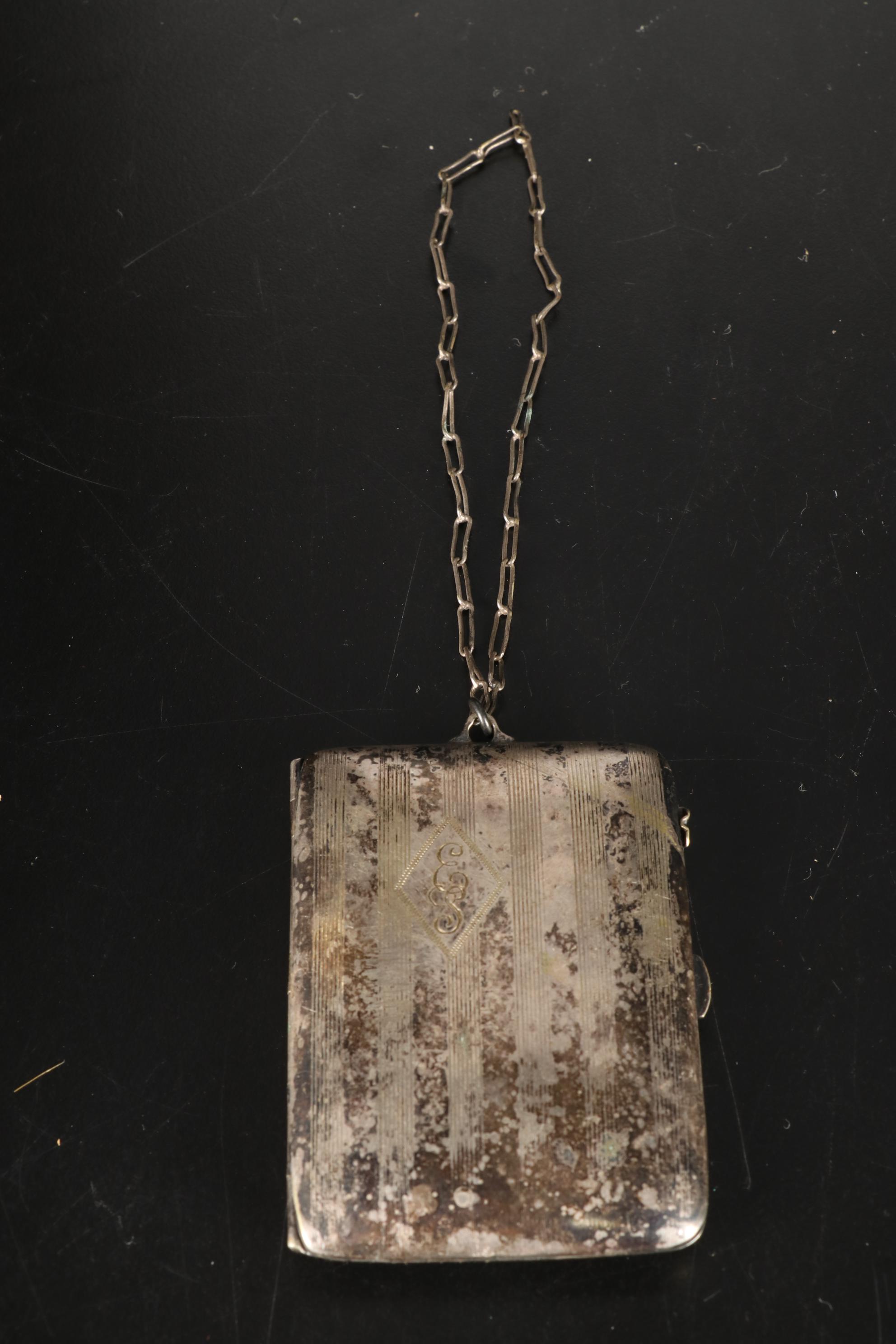 Silver Plate JThS Hand Mirror, Vanity Brush, Silver Chain Link Purse, & More