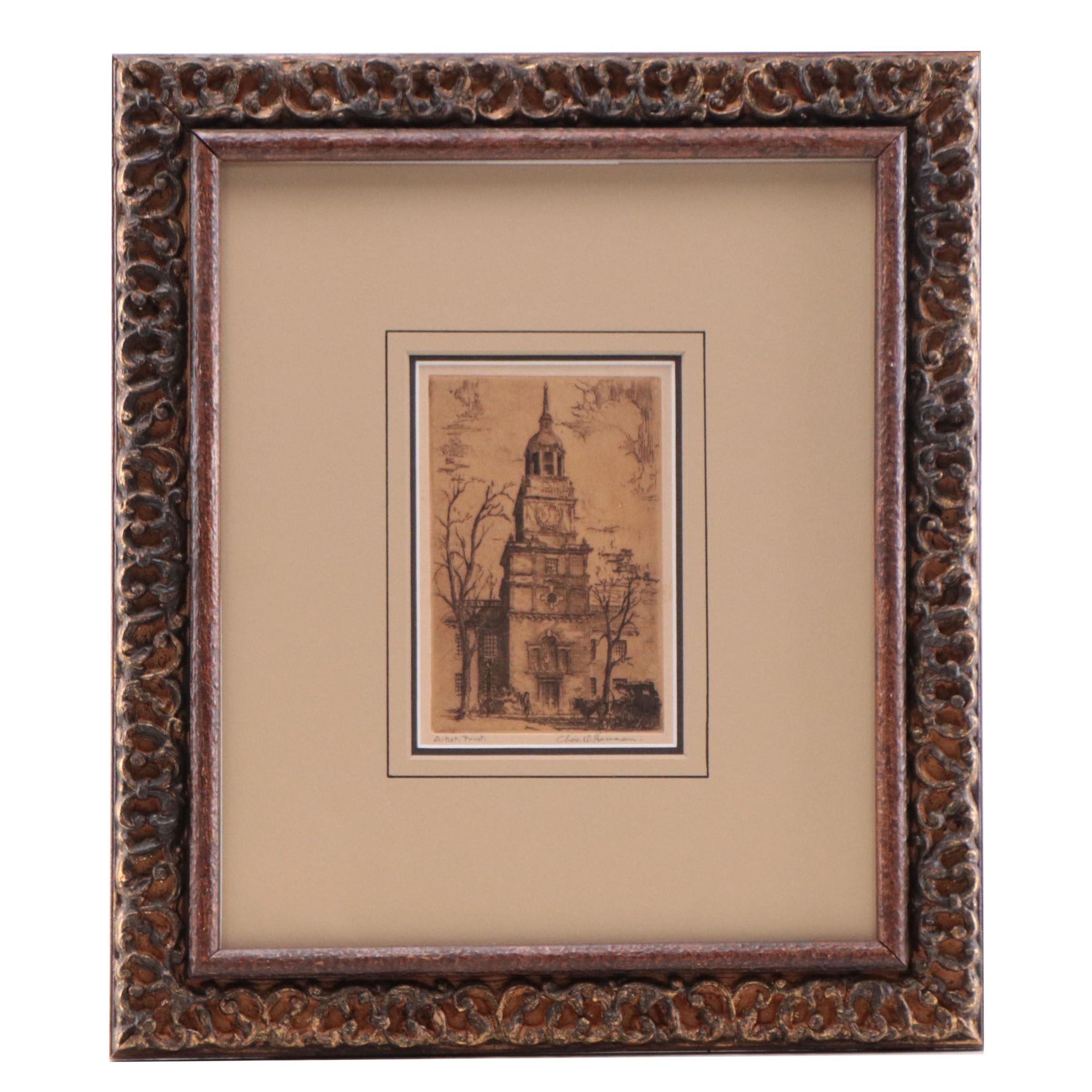 Charles D. Hannan Etching of Cathedral, Mid-20th Century