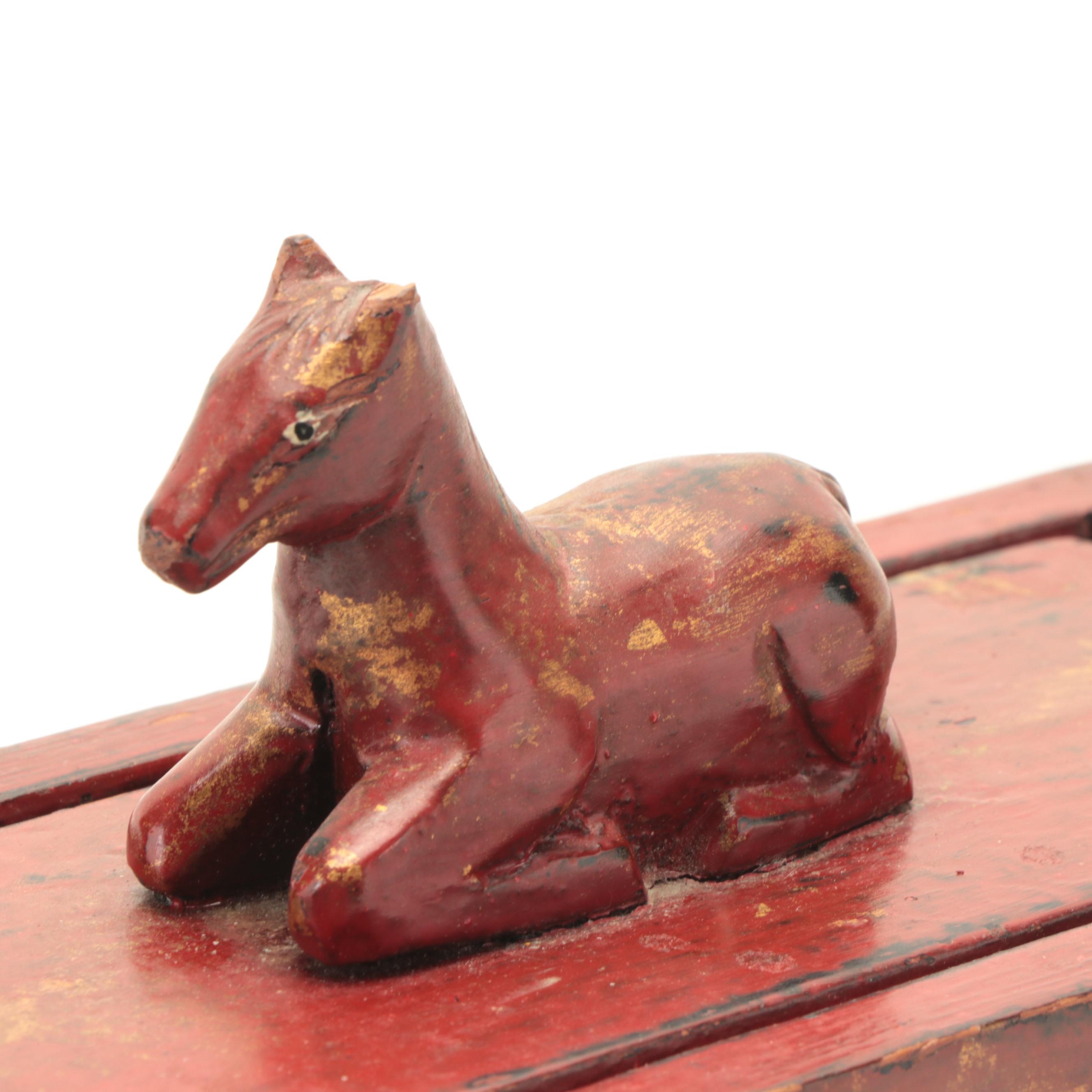 Chinese Parcel Gilt Red Painted Wood Slide Lid Box