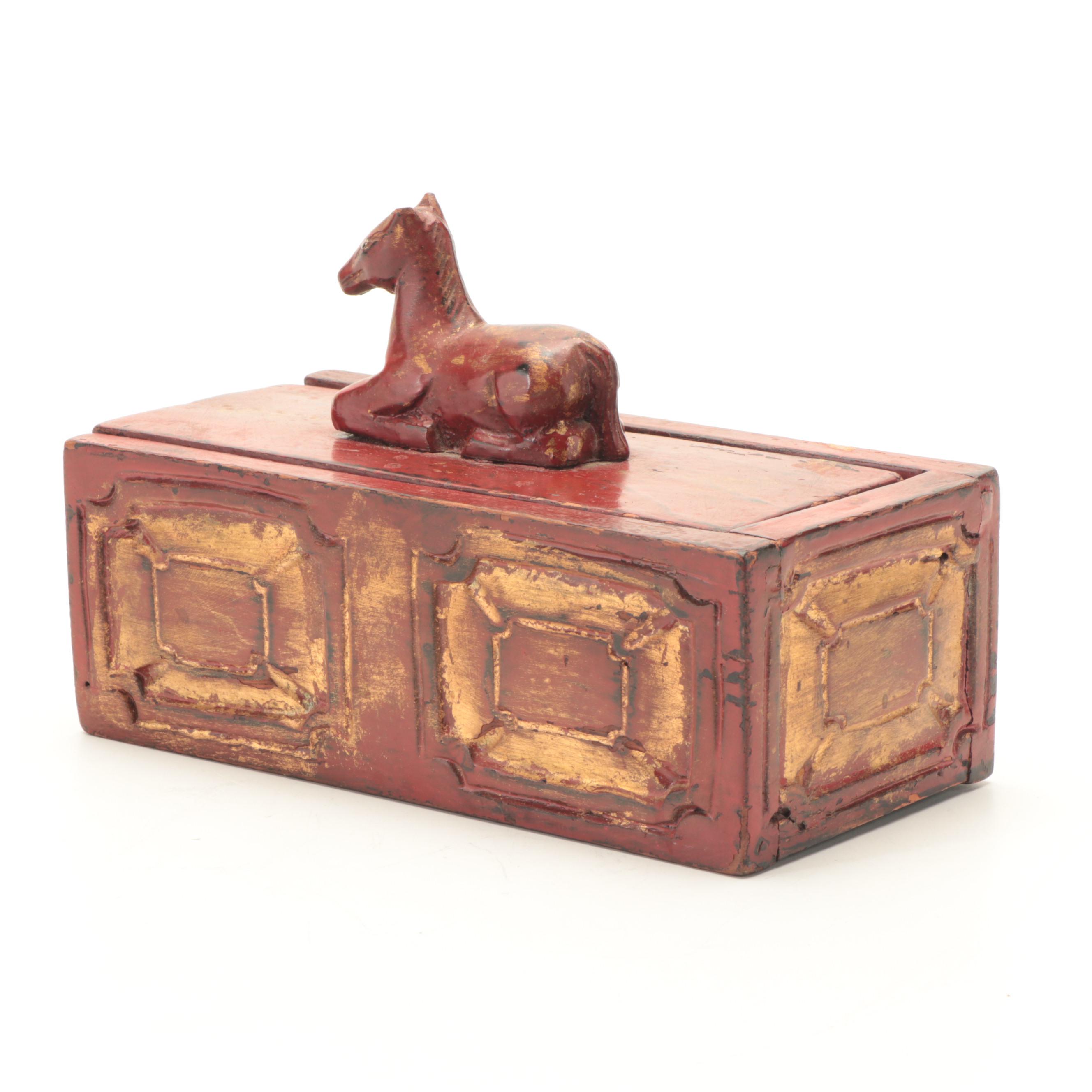 Chinese Parcel Gilt Red Painted Wood Slide Lid Box