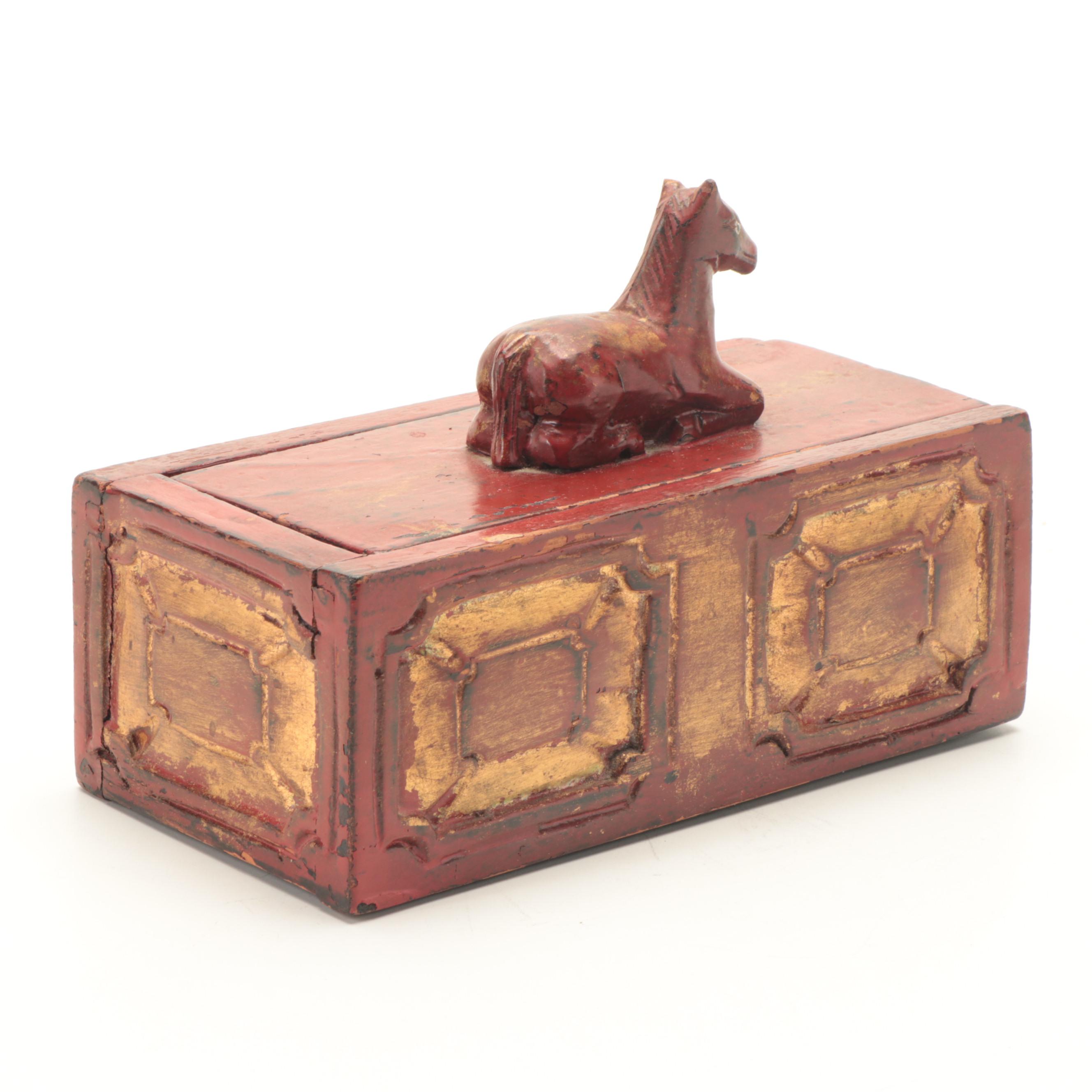 Chinese Parcel Gilt Red Painted Wood Slide Lid Box