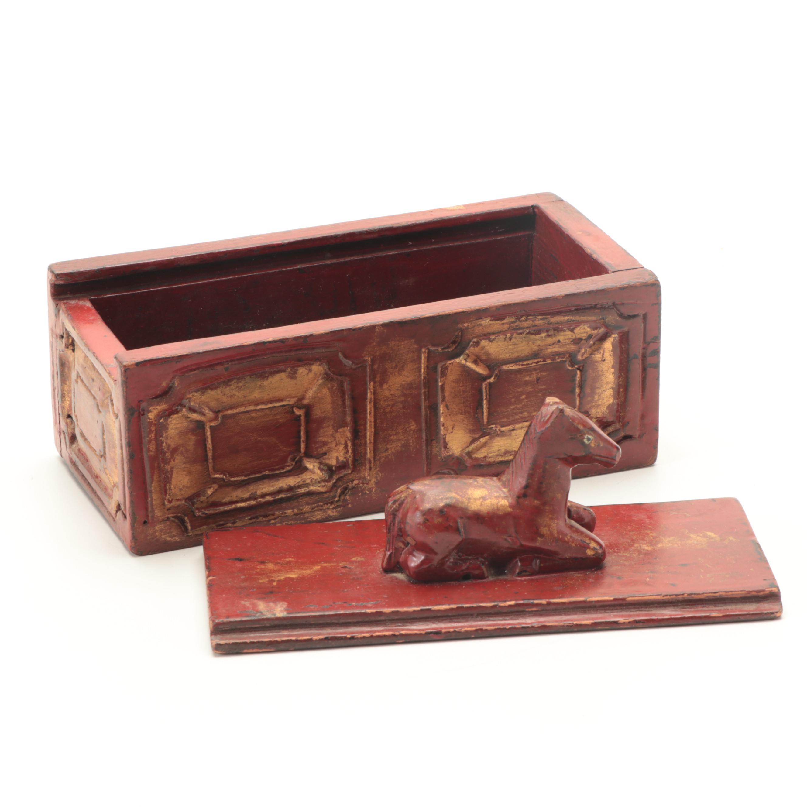 Chinese Parcel Gilt Red Painted Wood Slide Lid Box