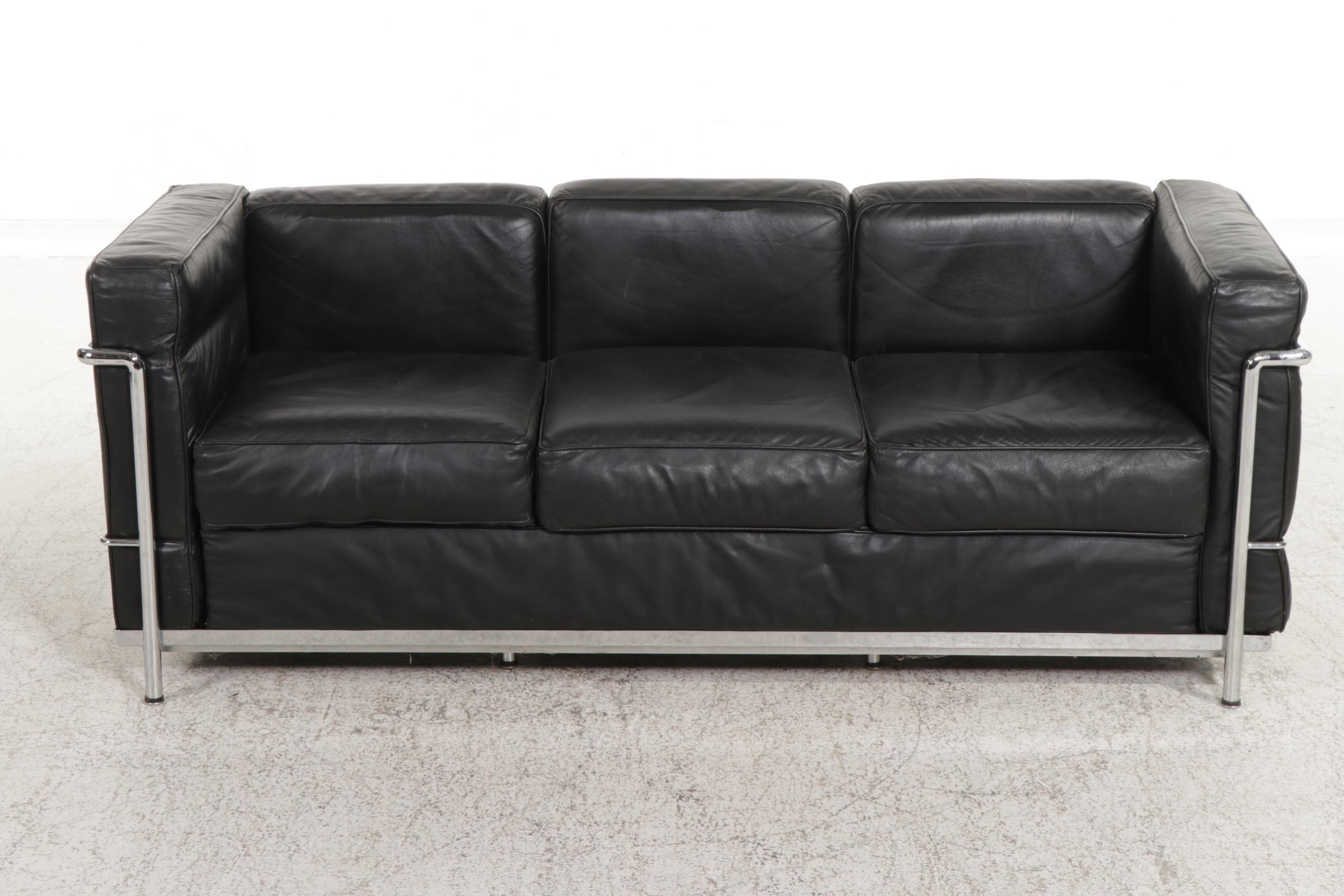 Modernist Chrome and Leather-Upholstered Sofa After Le Corbusier