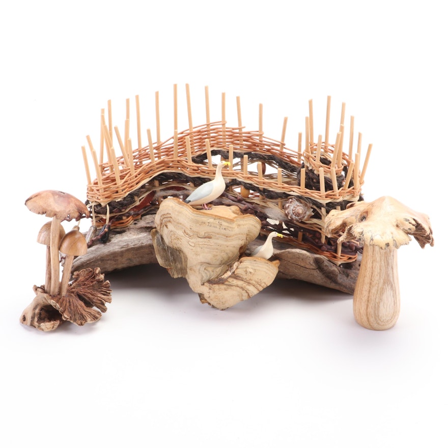 Patricia Yunkes Driftwood and Wicker Sculpture with Burl Toadstools and Fungi