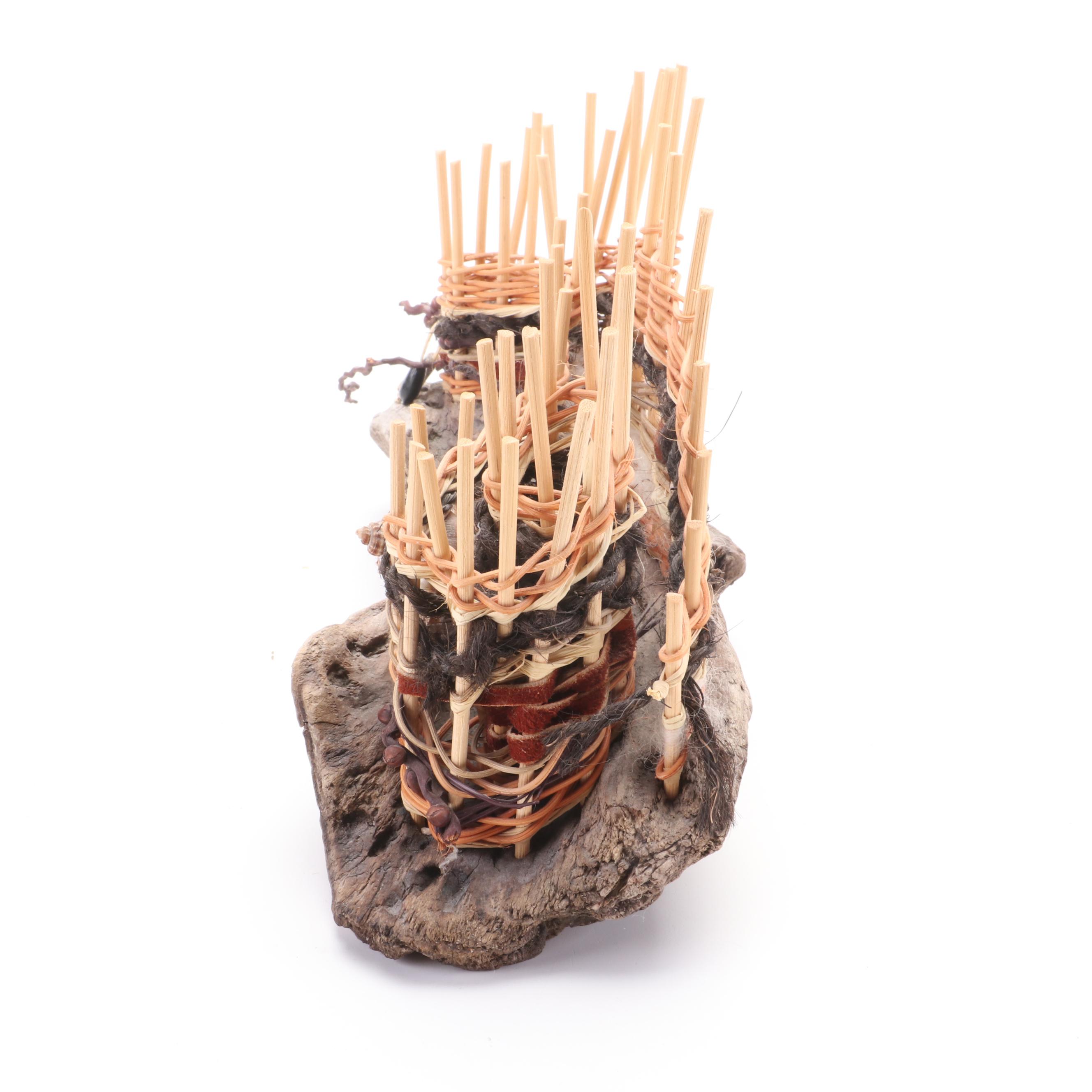 Patricia Yunkes Driftwood and Wicker Sculpture with Burl Toadstools and Fungi
