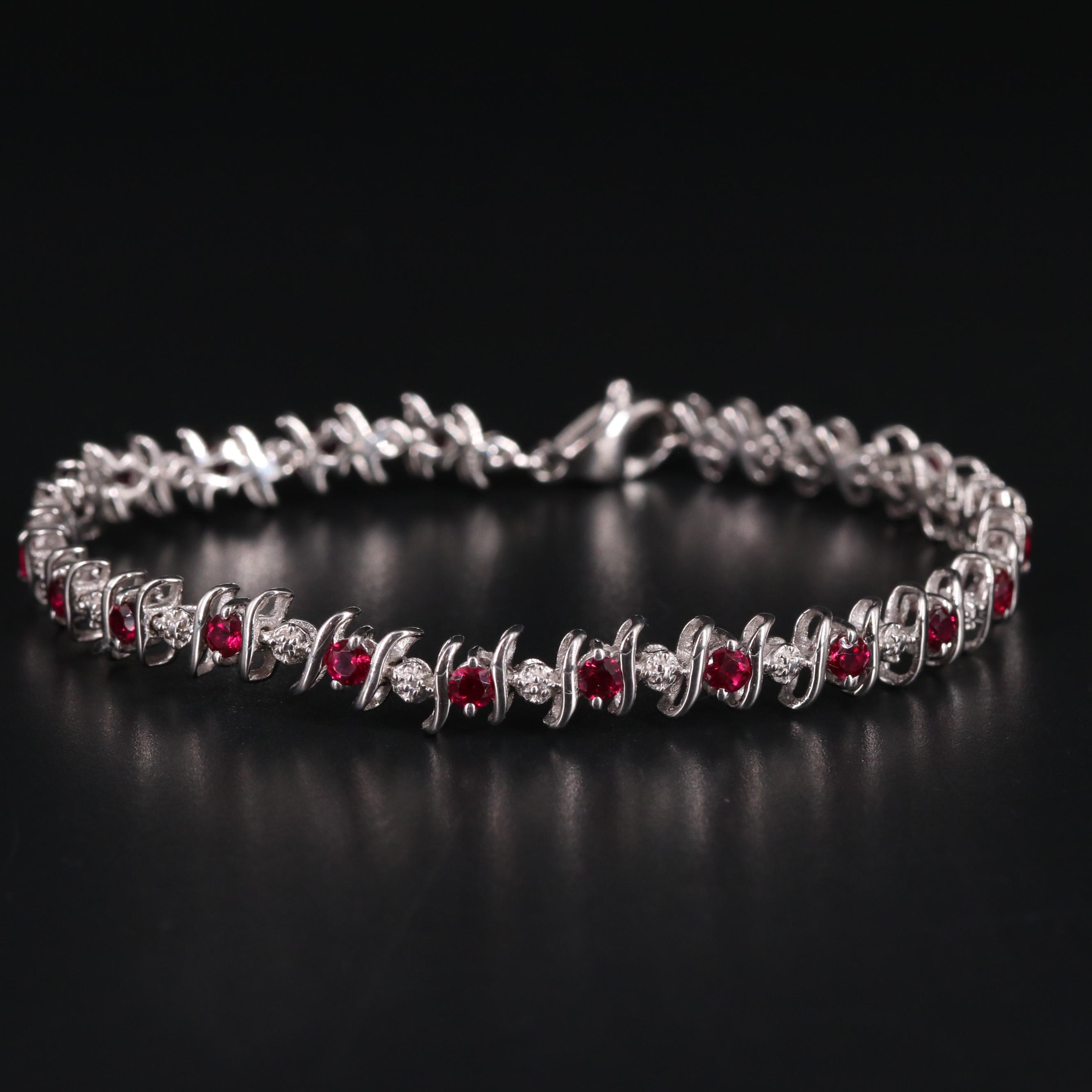 Sterling Silver Ruby and Diamond Bracelet