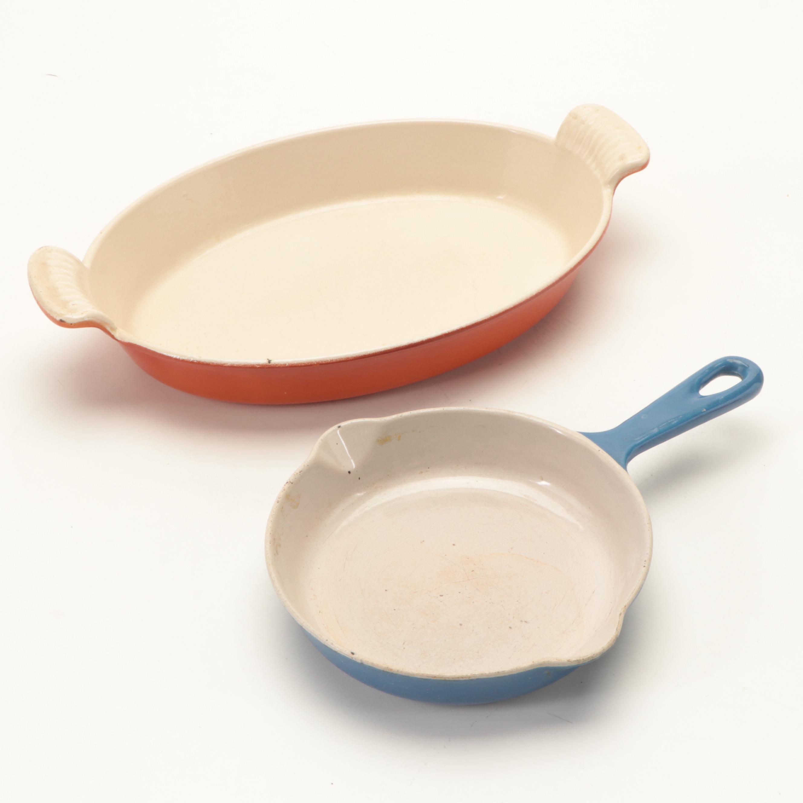 Le Creuset and Cousances French Enameled Cast Iron Pans and Ceramic Cruet