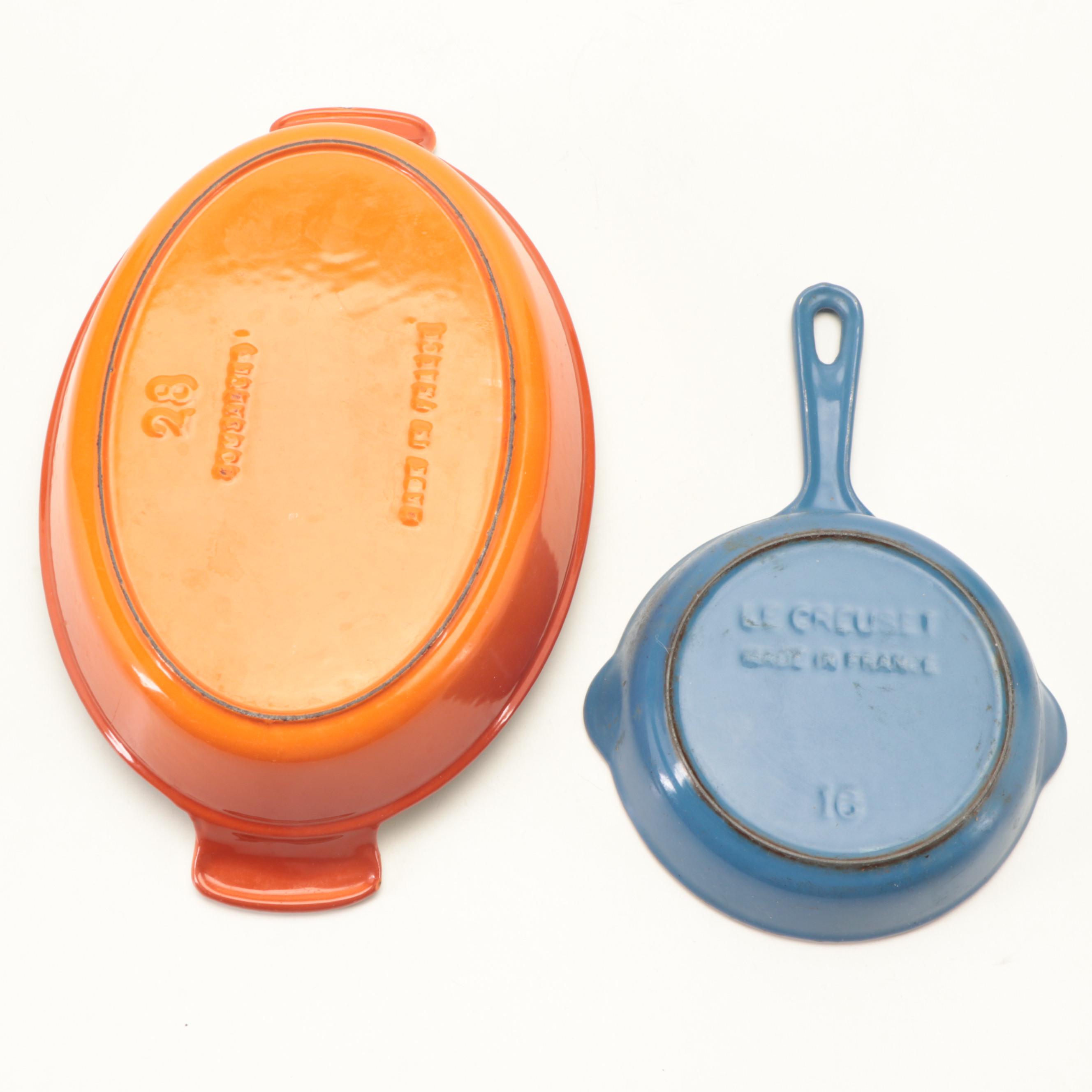Le Creuset and Cousances French Enameled Cast Iron Pans and Ceramic Cruet