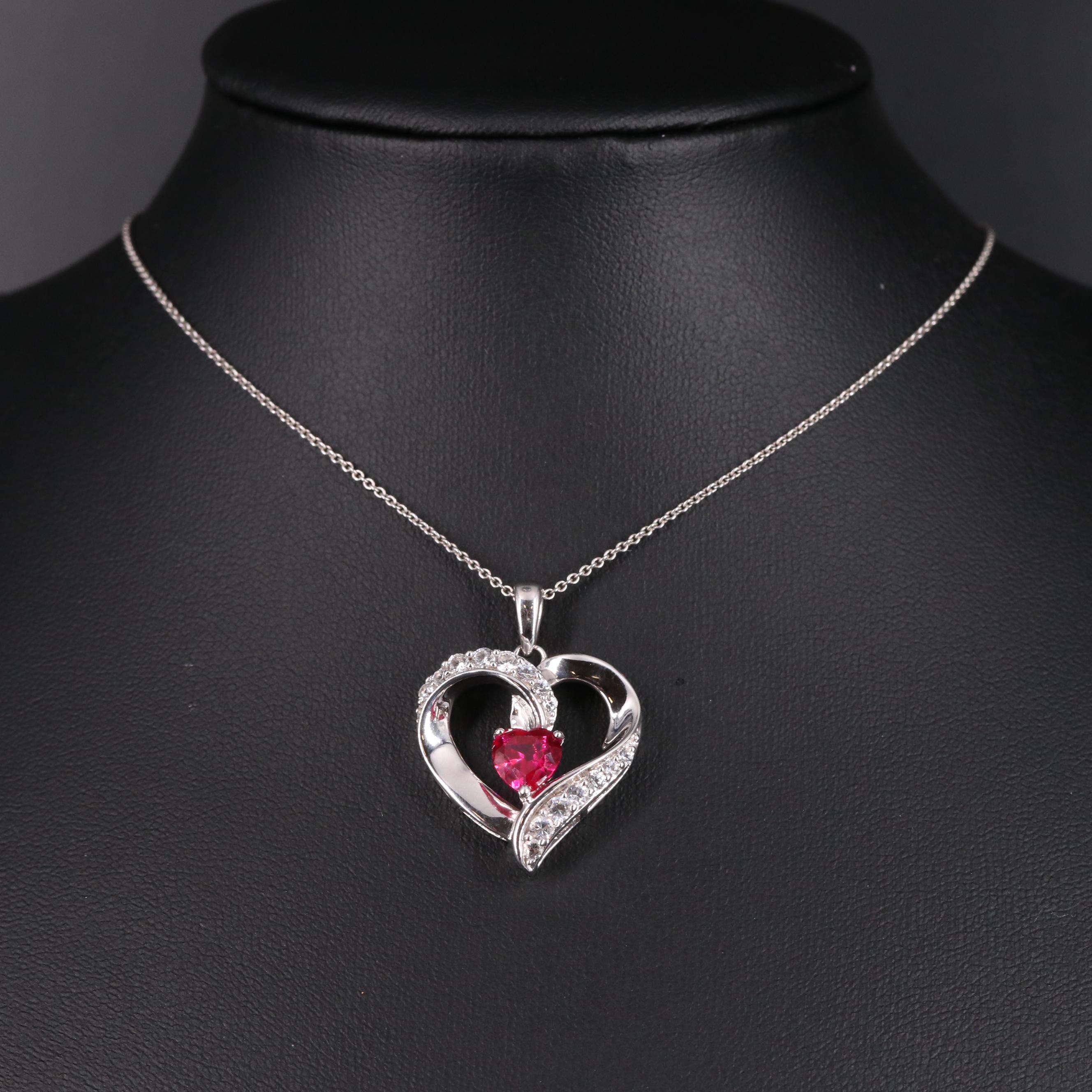 Sterling Silver with Ruby and White Sapphire Heart Pendant Necklace