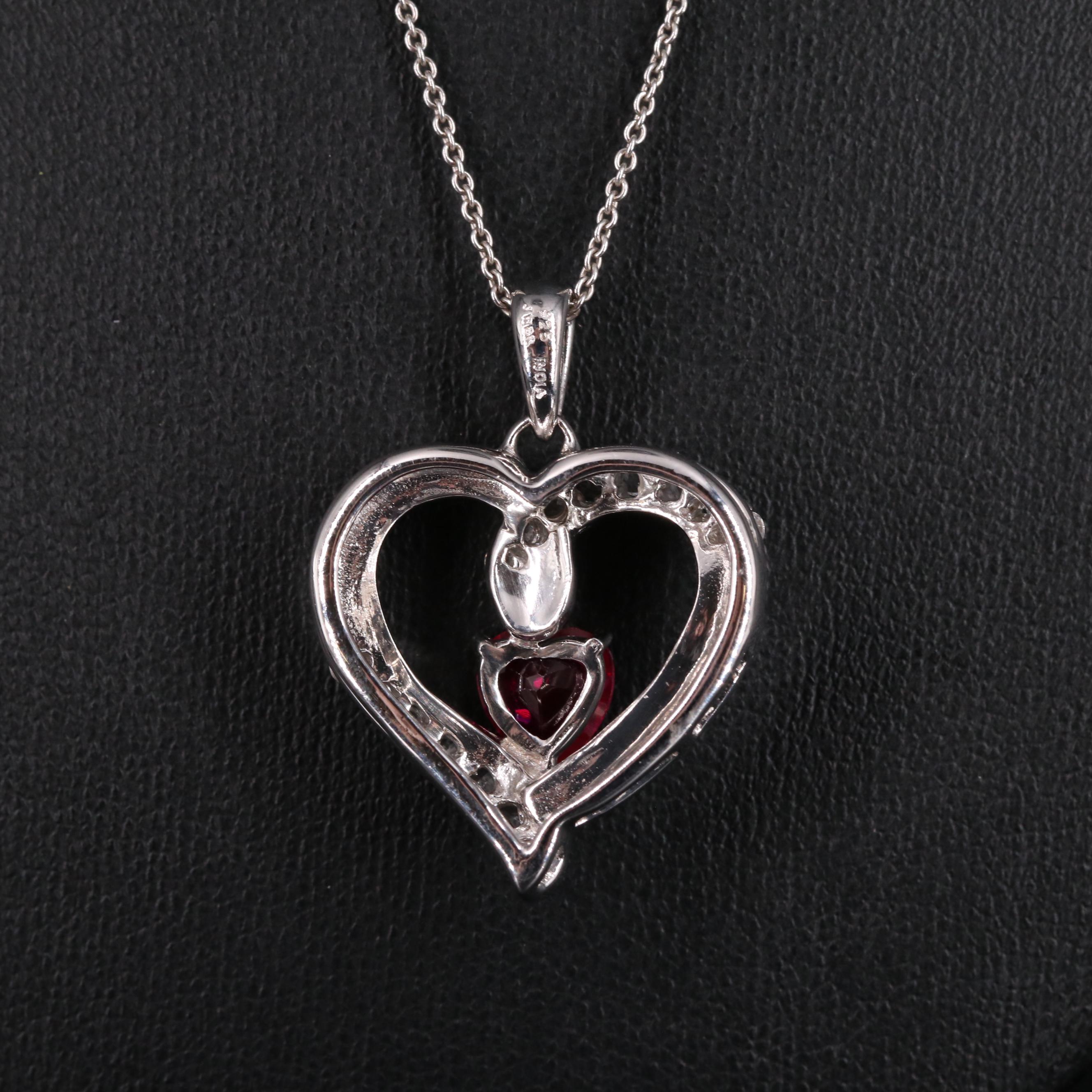 Sterling Silver with Ruby and White Sapphire Heart Pendant Necklace