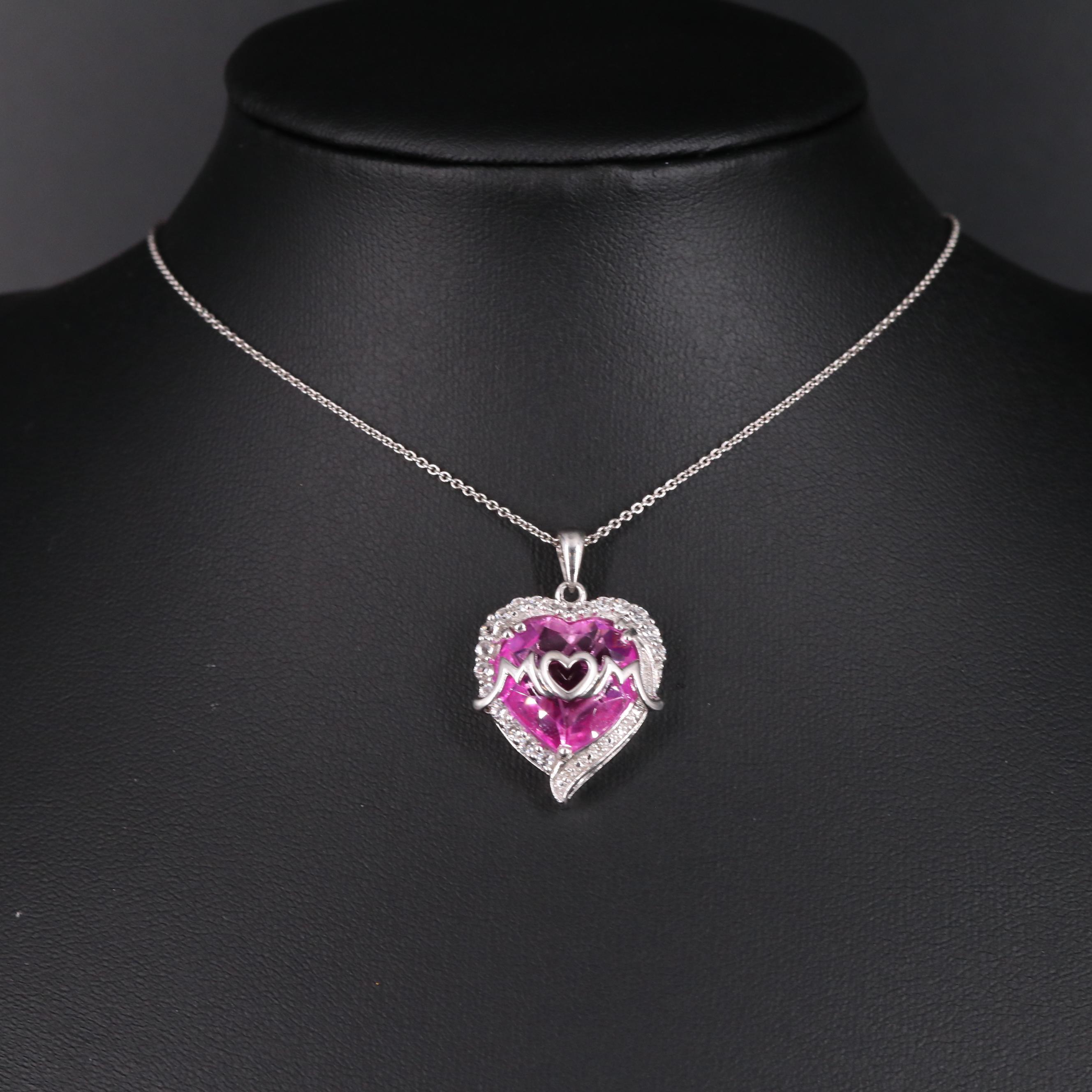 Sterling Silver Ruby with White Sapphire "Mom" Heart Pendant Necklace