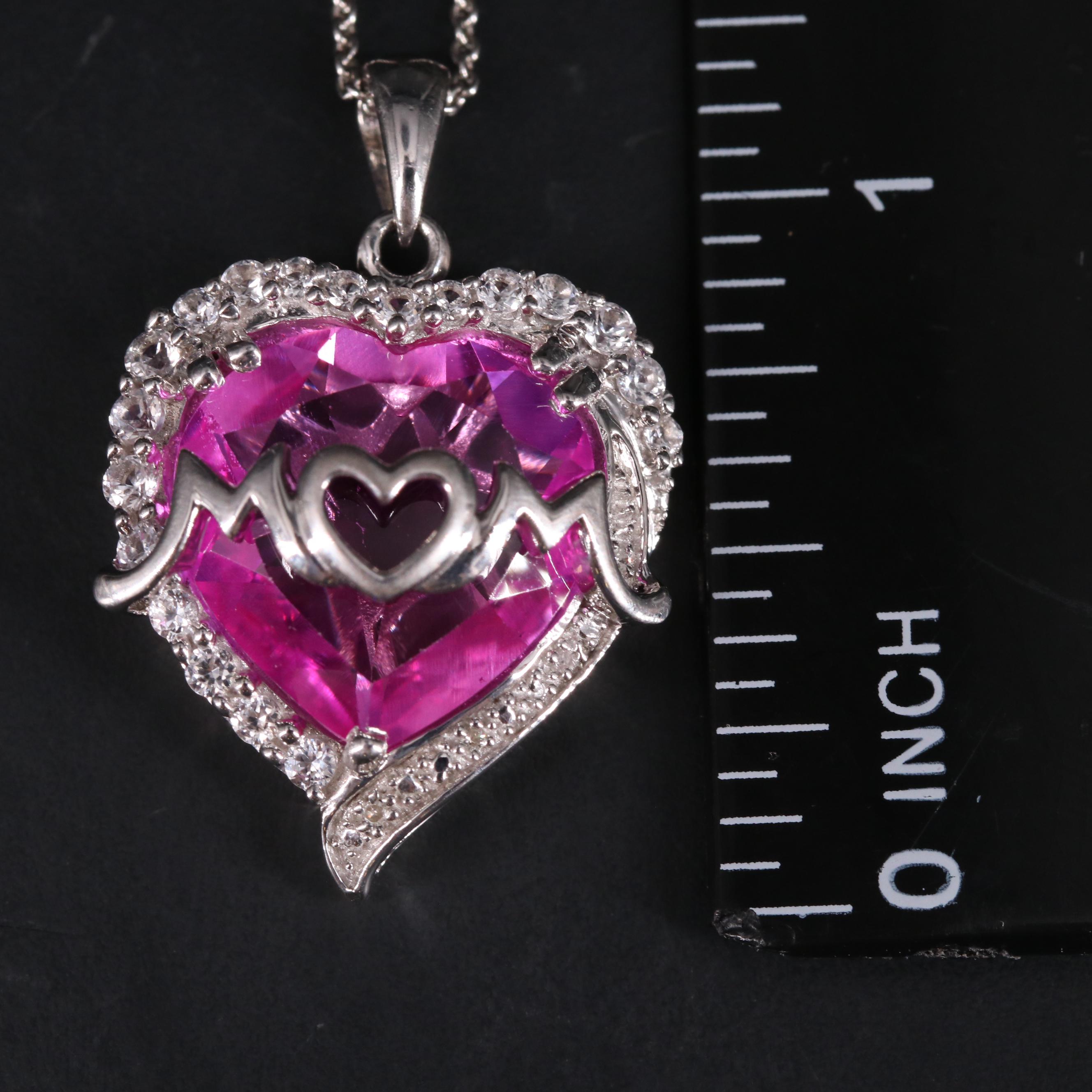 Sterling Silver Ruby with White Sapphire "Mom" Heart Pendant Necklace