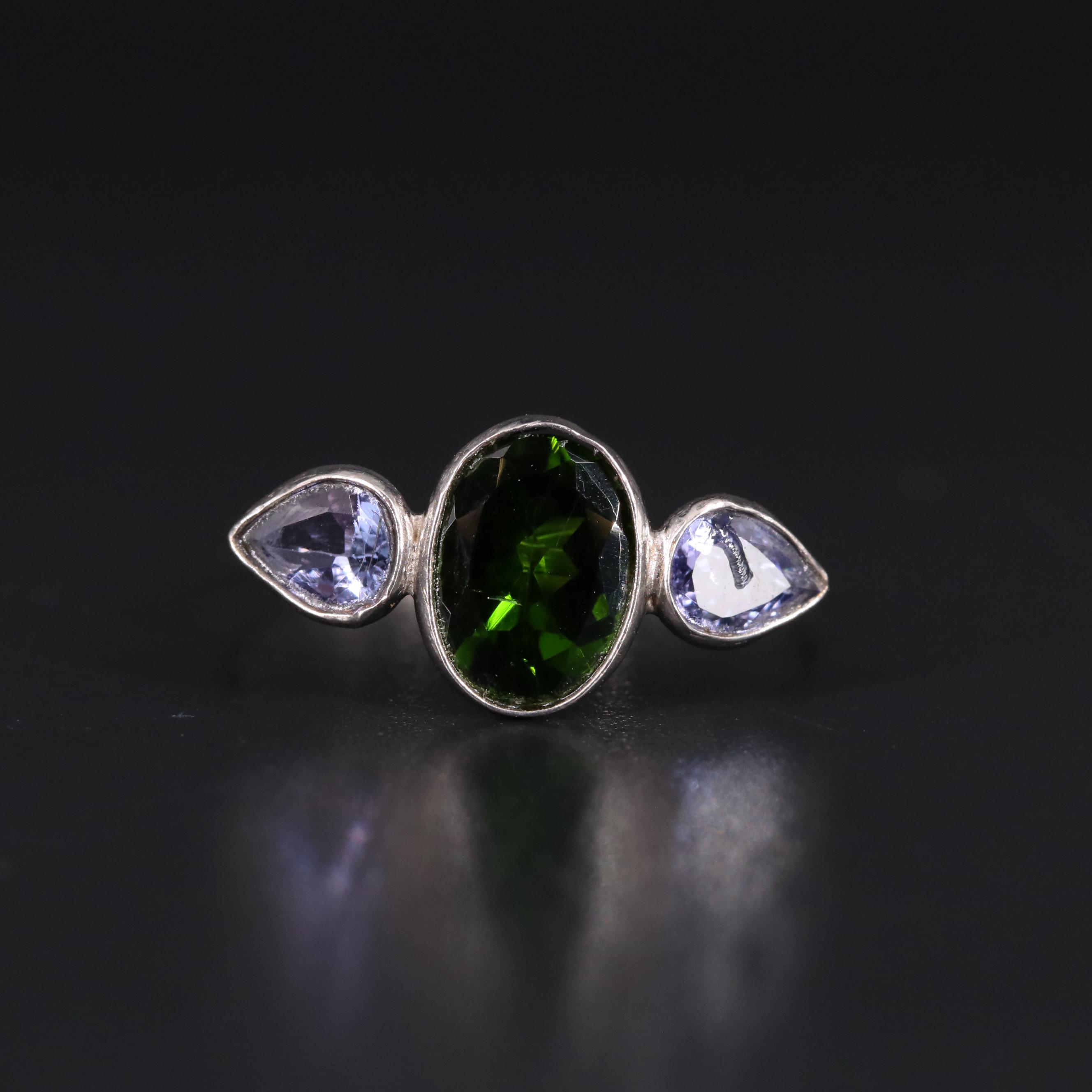 14K Chrome Diopside and Tanzanite Three Stone Ring