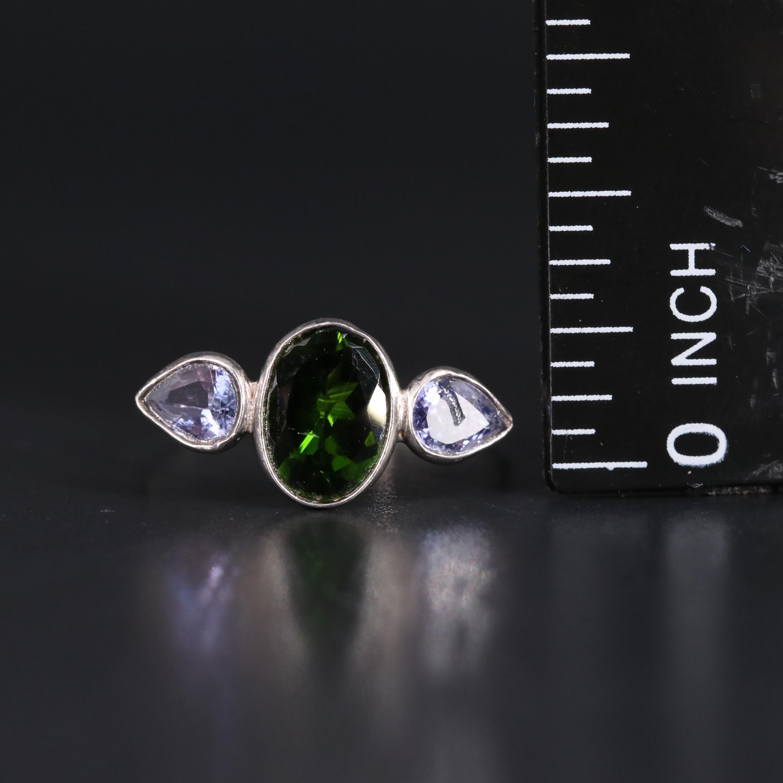14K Chrome Diopside and Tanzanite Three Stone Ring