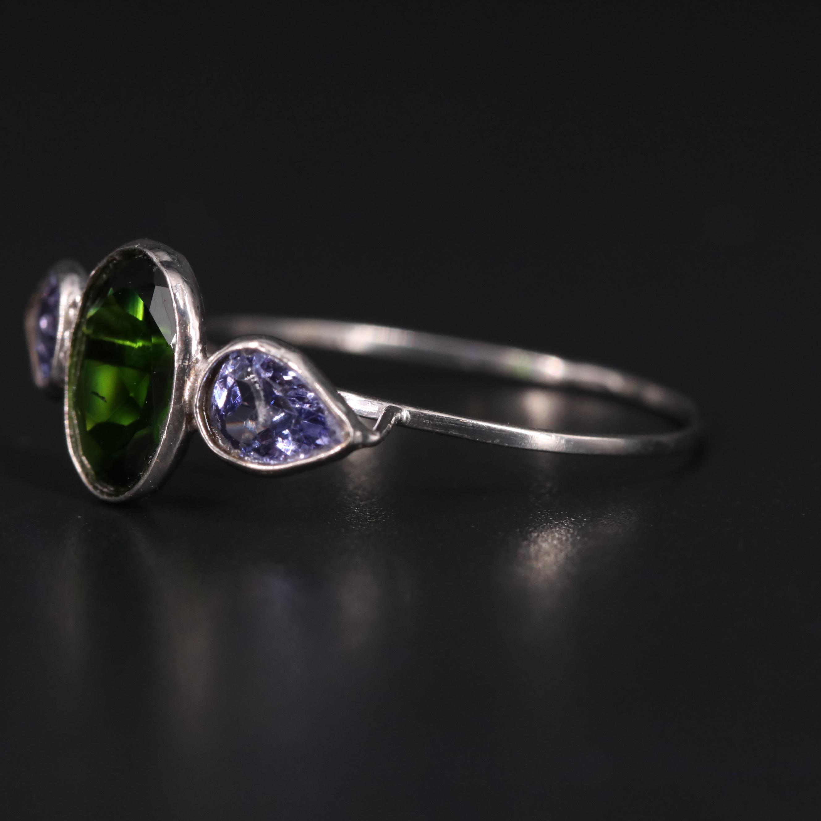 14K Chrome Diopside and Tanzanite Three Stone Ring