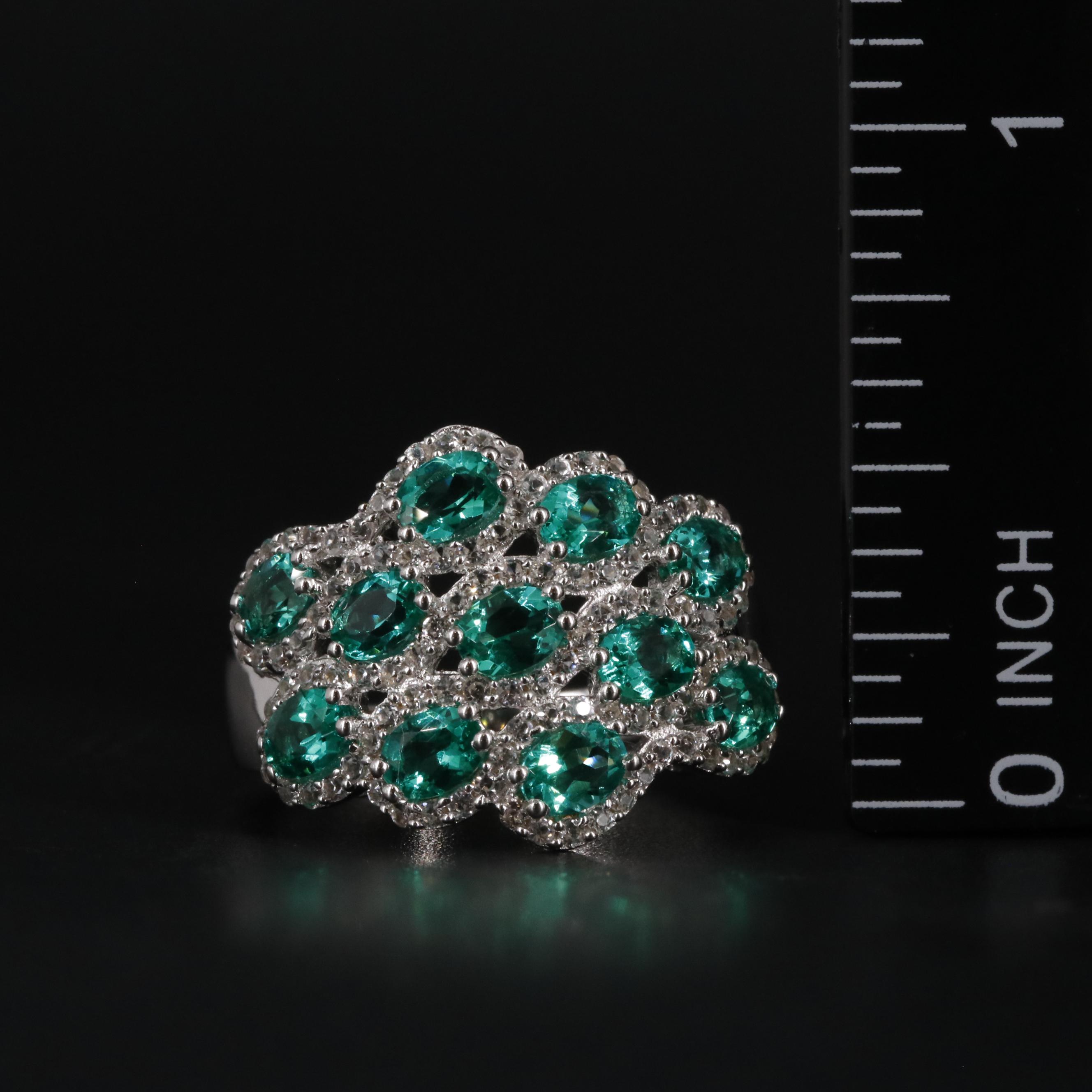 Sterling Emerald and Sapphire Cluster Ring