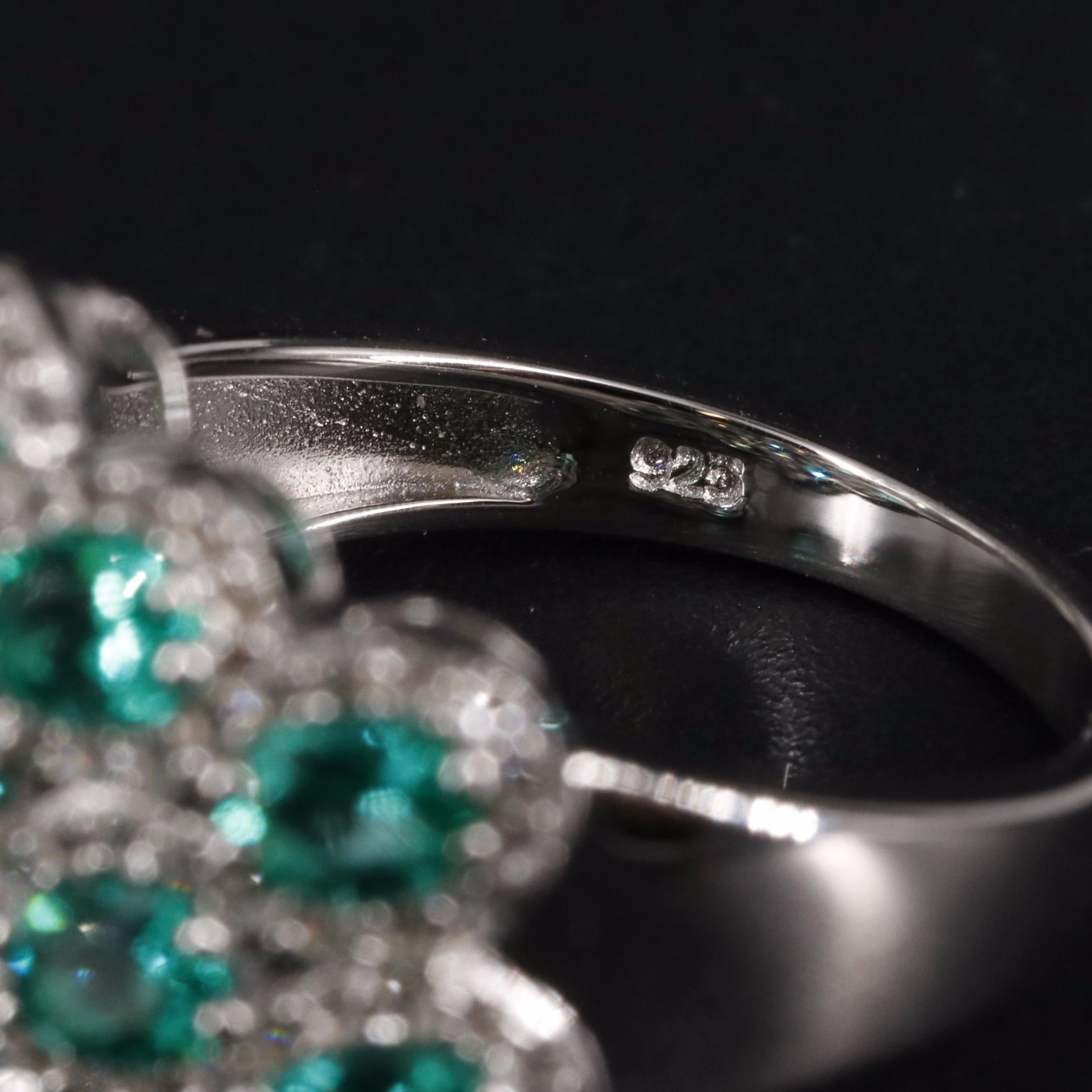 Sterling Emerald and Sapphire Cluster Ring
