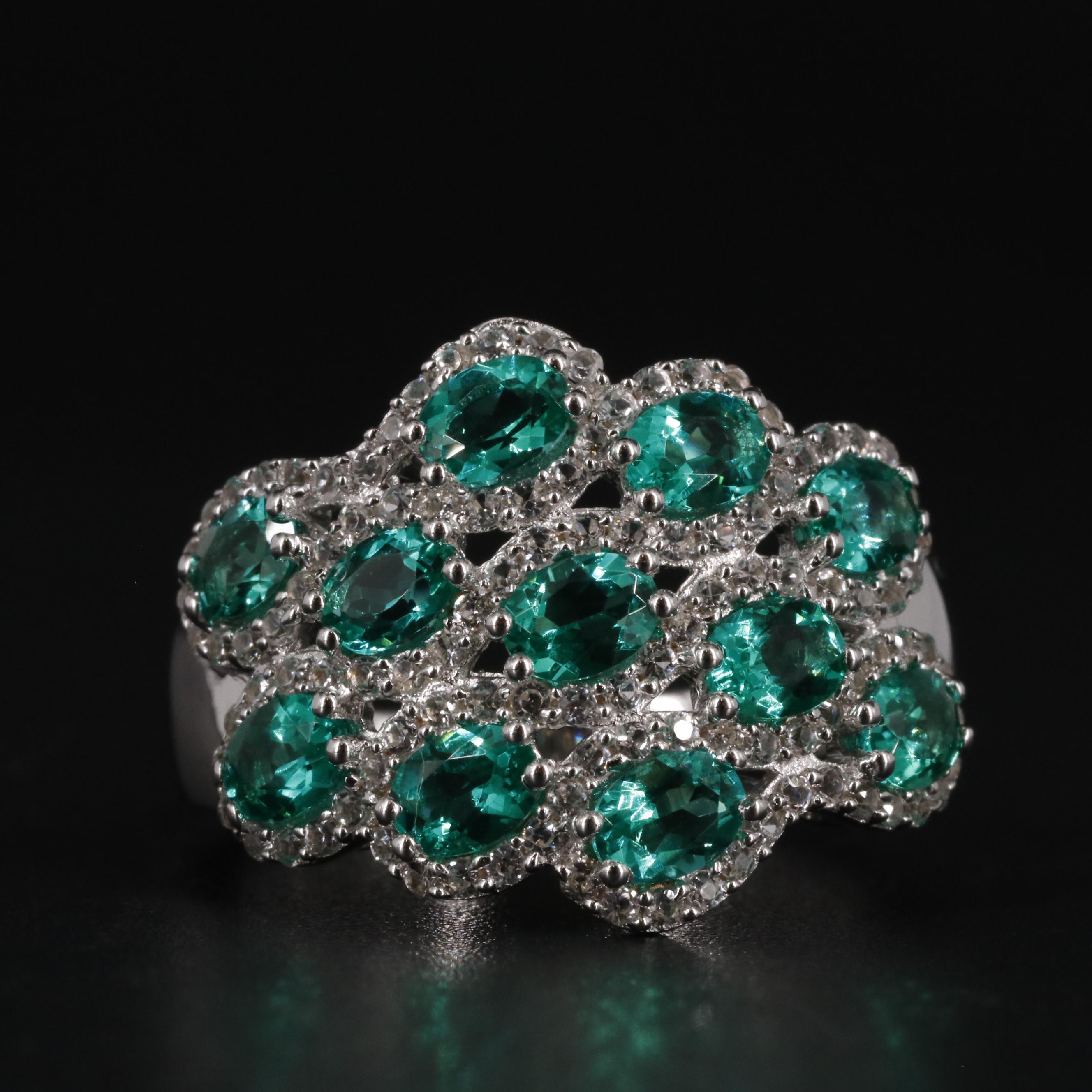 Sterling Emerald and Sapphire Cluster Ring