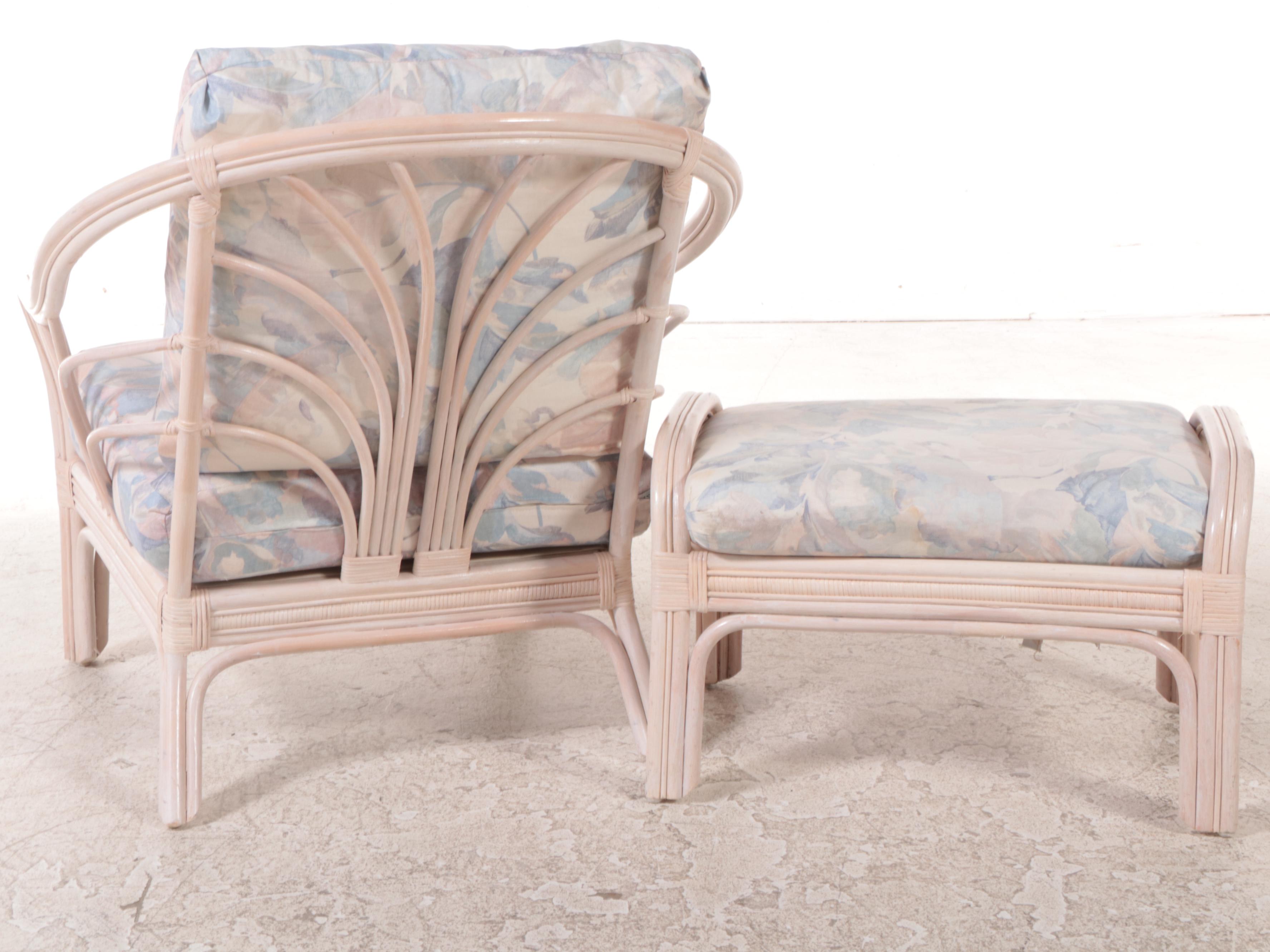 Ayers Furniture Cerused Rattan Patio Armchair and Footstool