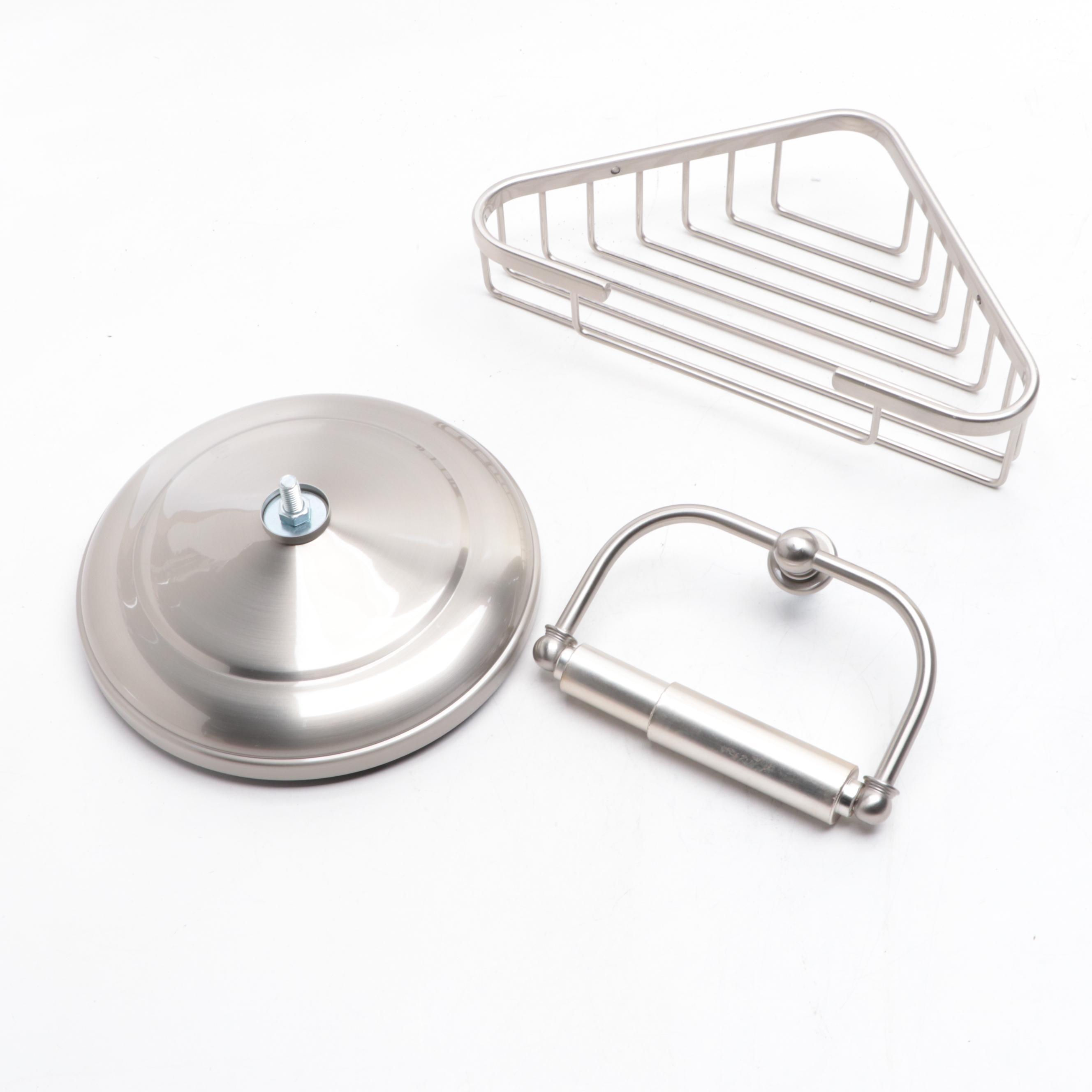 Brushed Nickel 18" Towel Bar, Standing Tissue Holder and Corner Shower Basket