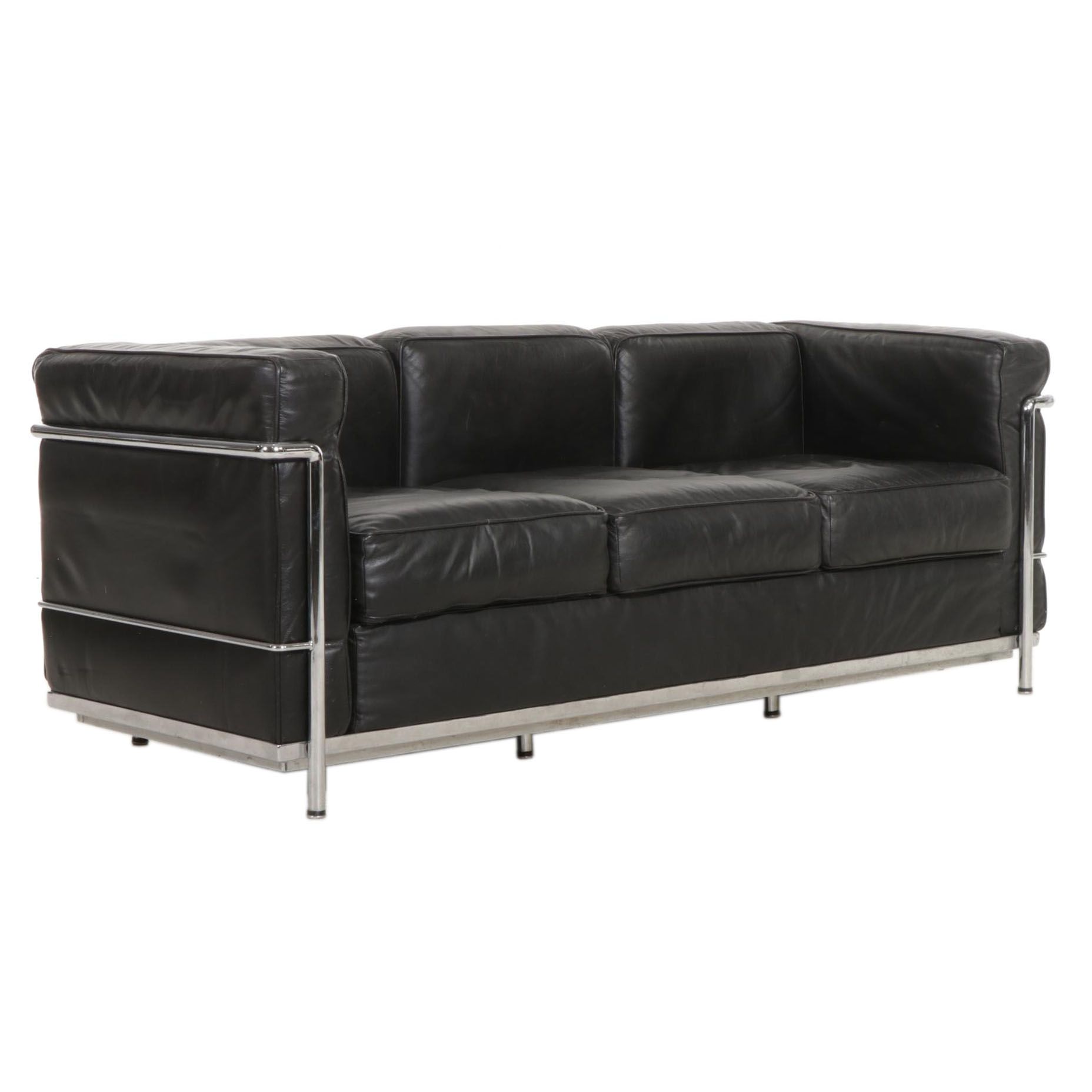 Modernist Chrome and Leather-Upholstered Sofa After Le Corbusier