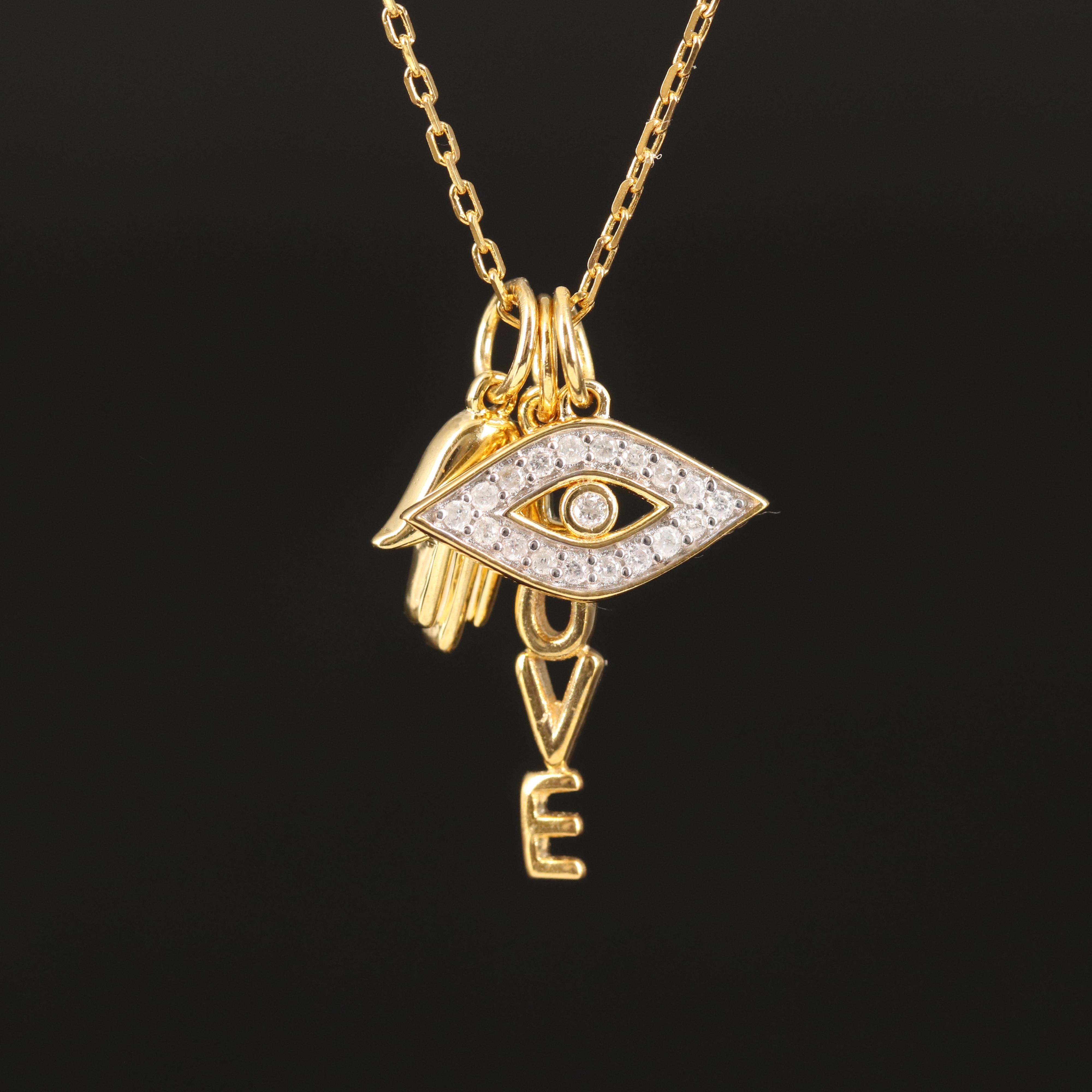 Sterling Cable Chain Necklace with Hamsa, "LOVE" and Diamond Accented Evil Eye