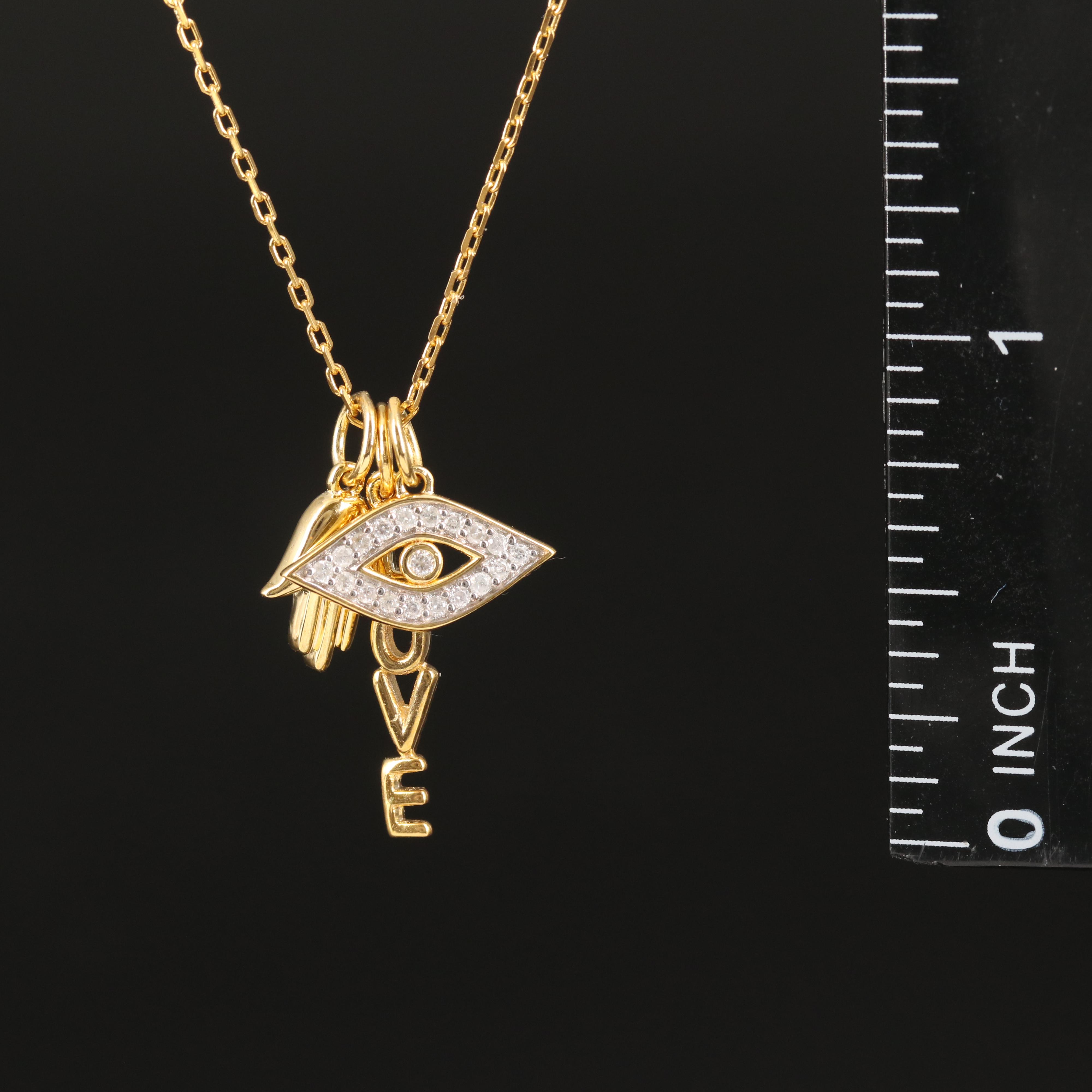 Sterling Cable Chain Necklace with Hamsa, "LOVE" and Diamond Accented Evil Eye