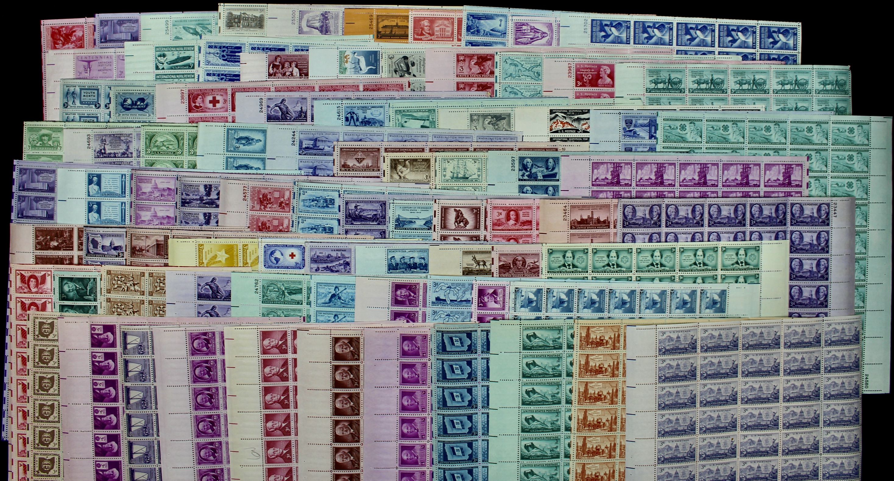 Eighty-Two Different U.S. 3-Cent Postage Stamp Sheets, 1940s and 1950s
